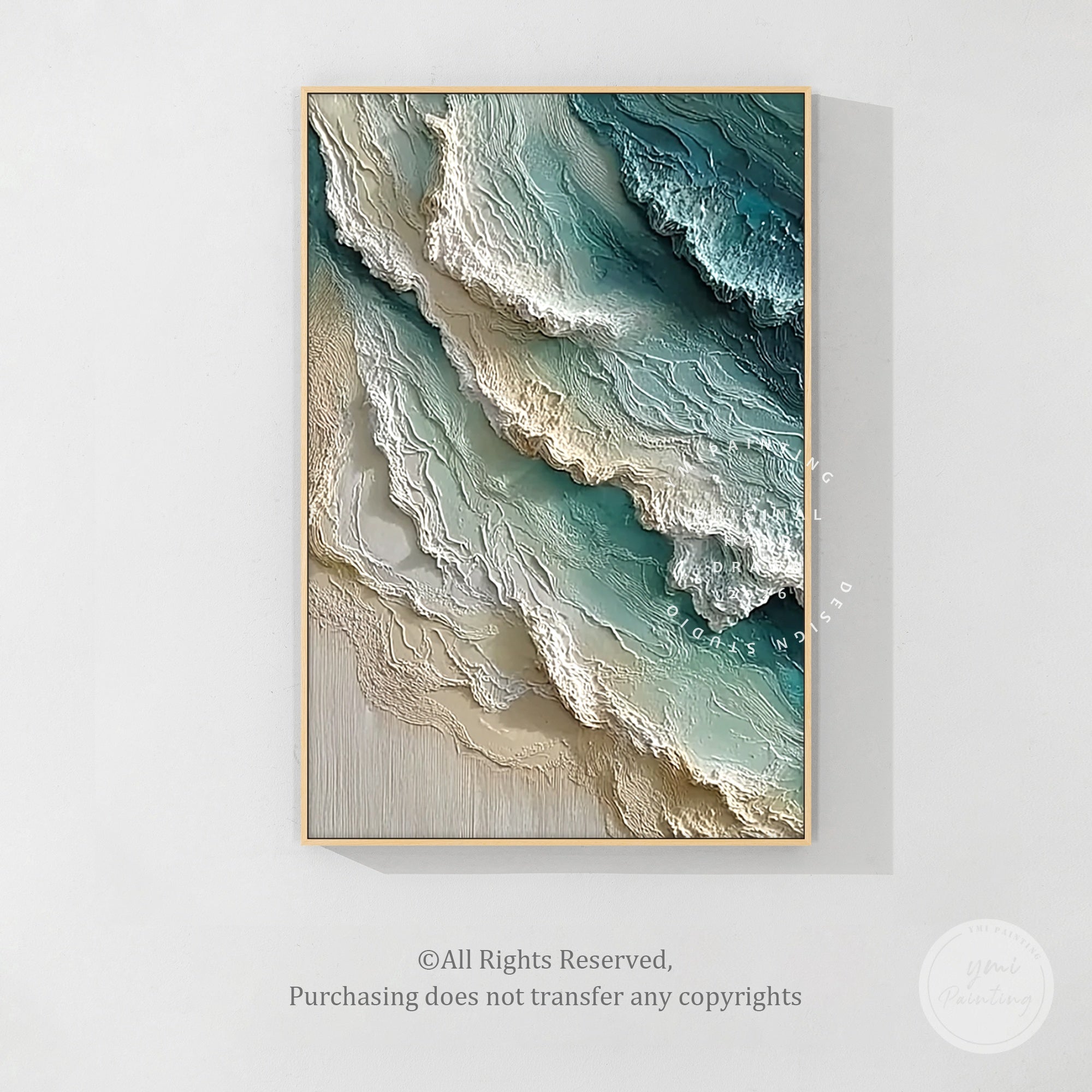 Textured ocean painting enhancing airy minimalist dining room with wooden furniture