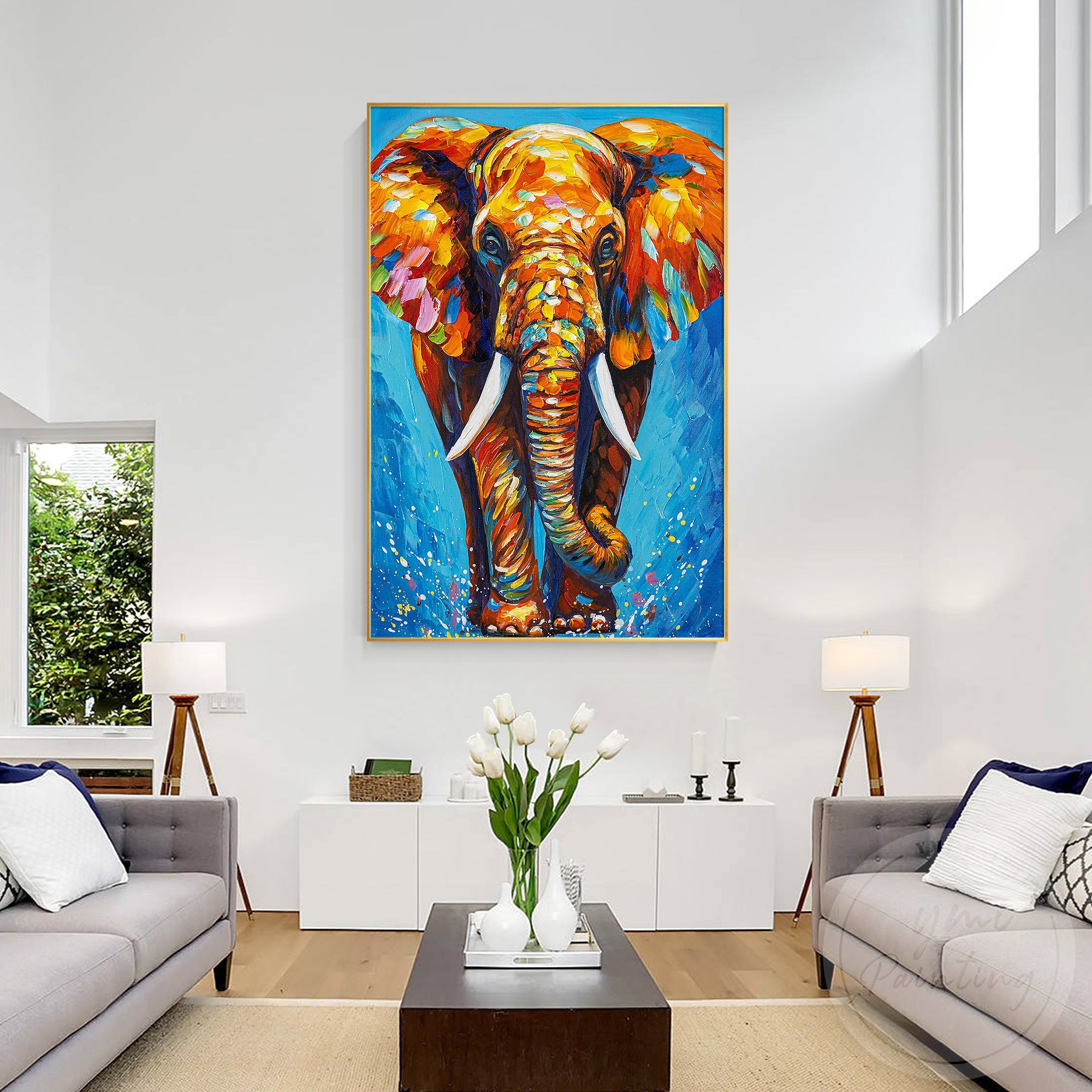 Modern elephant artwork with pop-art colors, perfect for contemporary homes