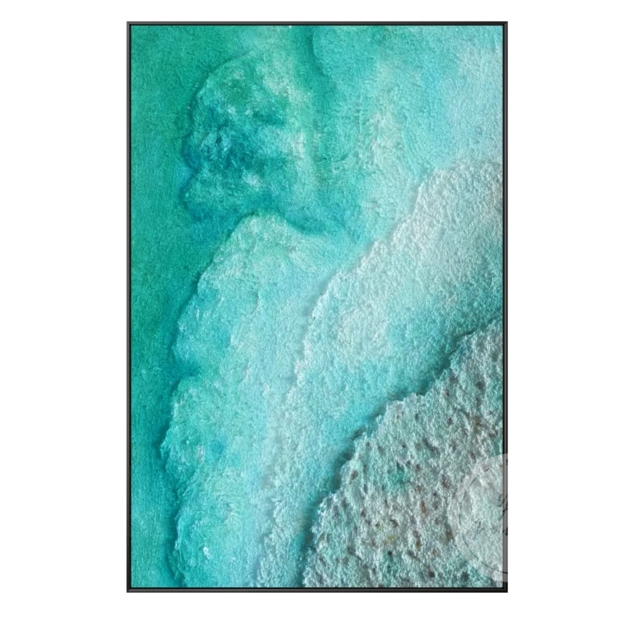 Turquoise and teal beach scene with textured sand, offering a peaceful and elegant design, perfect for adding a touch of the ocean to your decor.