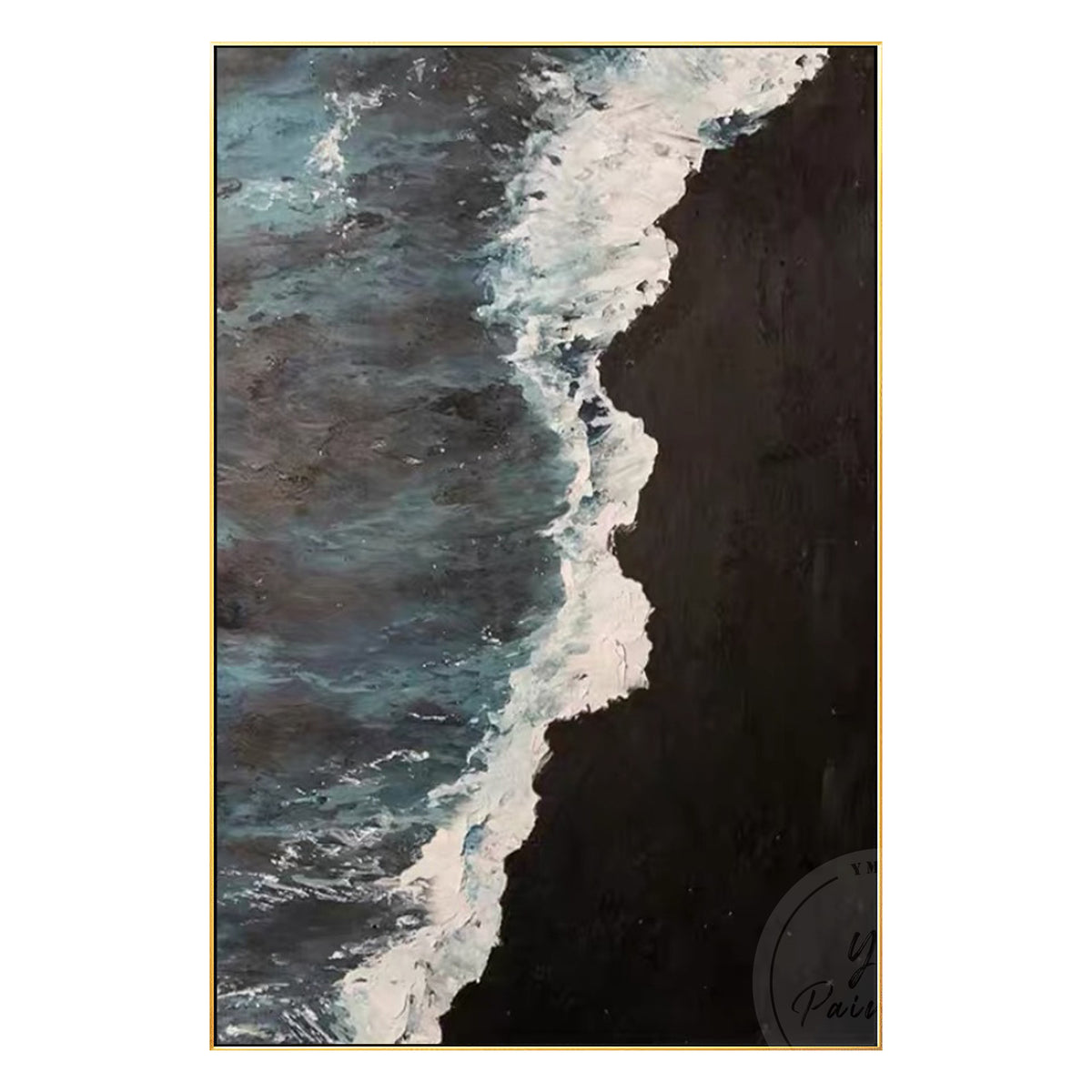 Dark ocean abstract painting featuring black, teal, gray, and blue sea waves with thick texture.