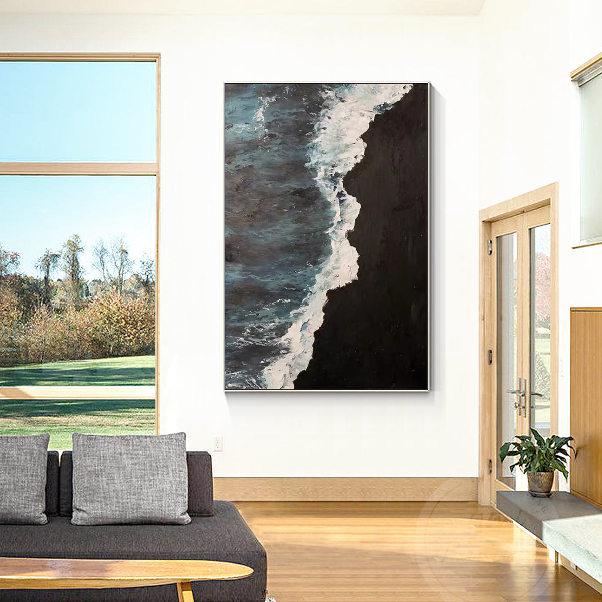 Dark ocean abstract painting featuring black, teal, gray, and blue sea waves with thick texture.