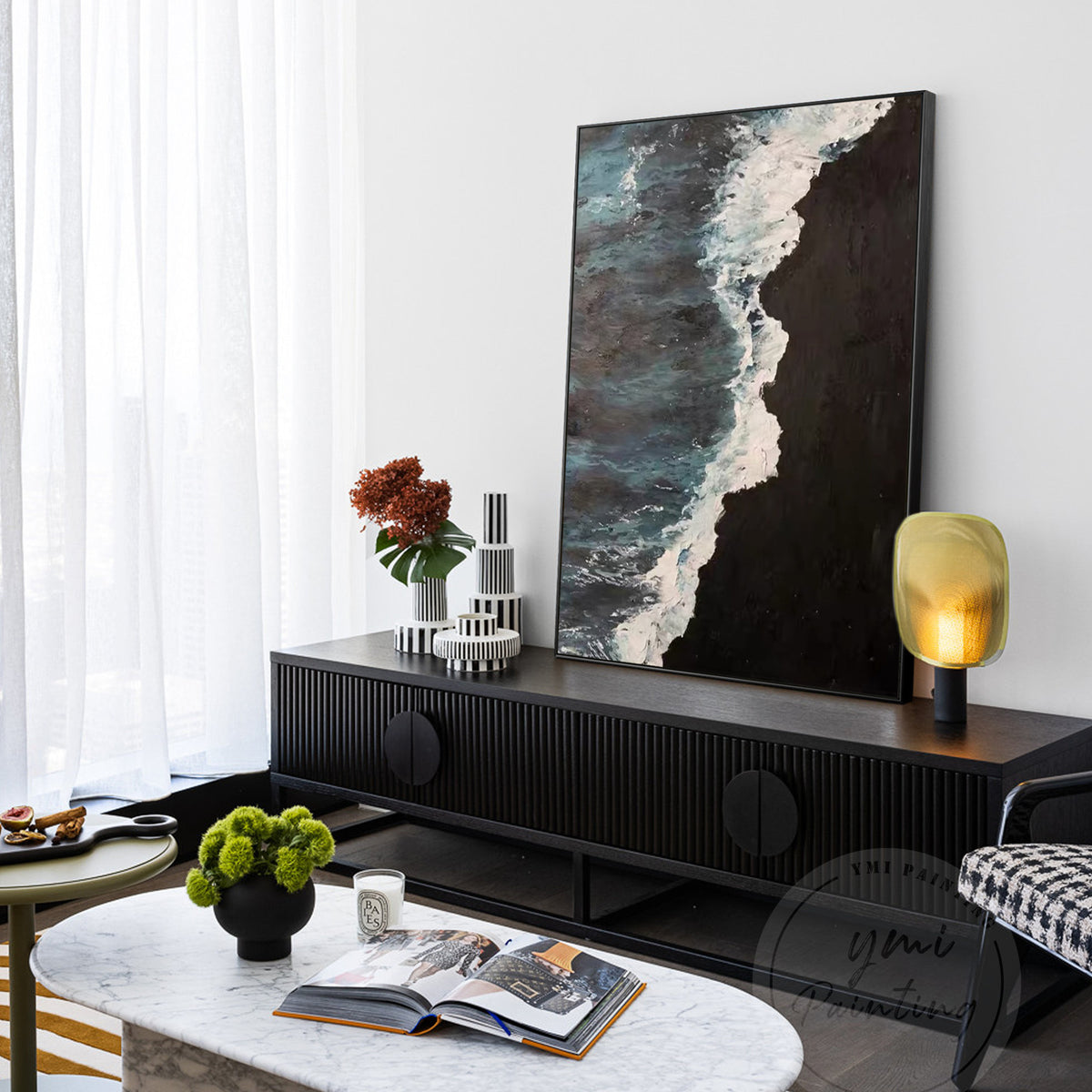 Original abstract ocean painting with deep colors and 3D textured wave patterns.