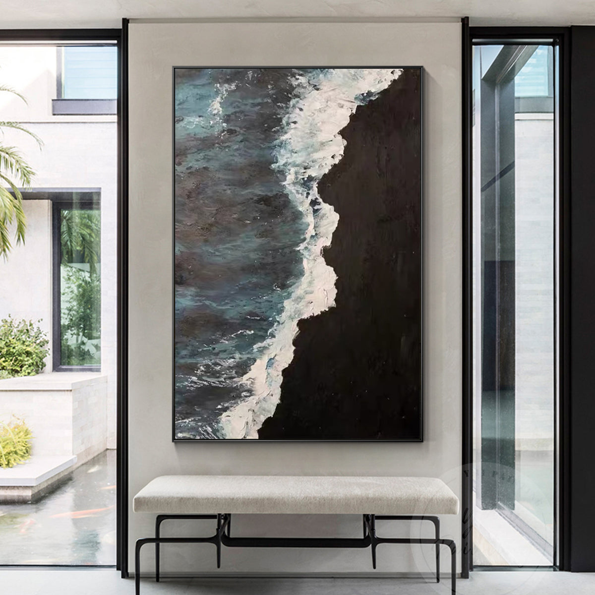 Oversized framed sea wave painting, perfect for modern and minimalistic interiors.