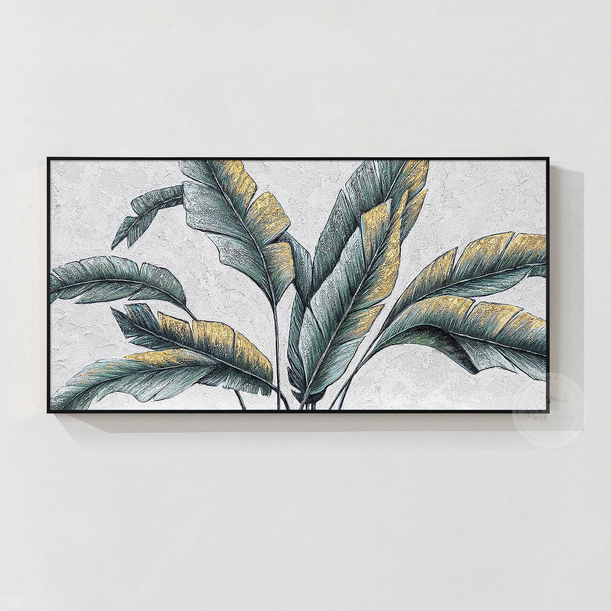 Original palm tree leaf painting with botanical textured art, featuring green banana leaves and gold leaf accents for a luxurious feel.