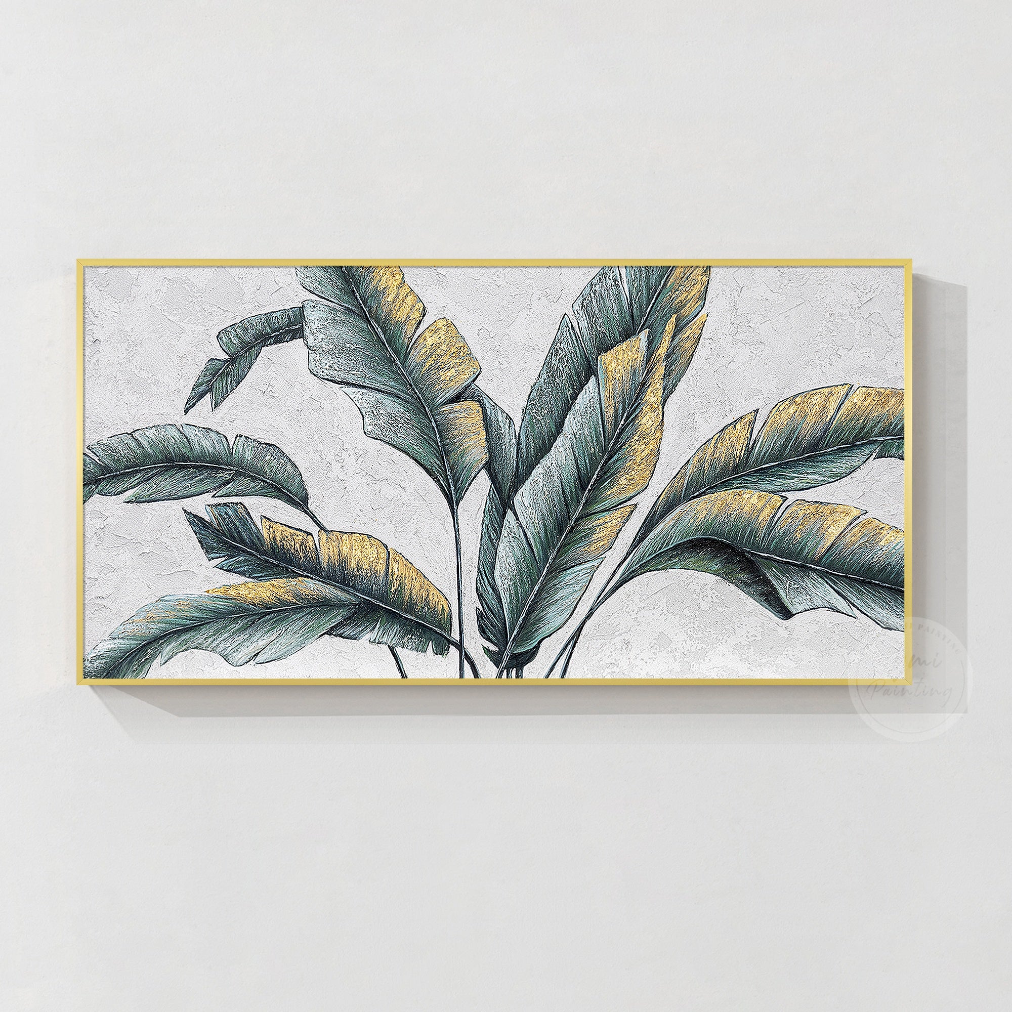 Original palm tree leaf painting with botanical textured art, featuring green banana leaves and gold leaf accents for a luxurious feel.