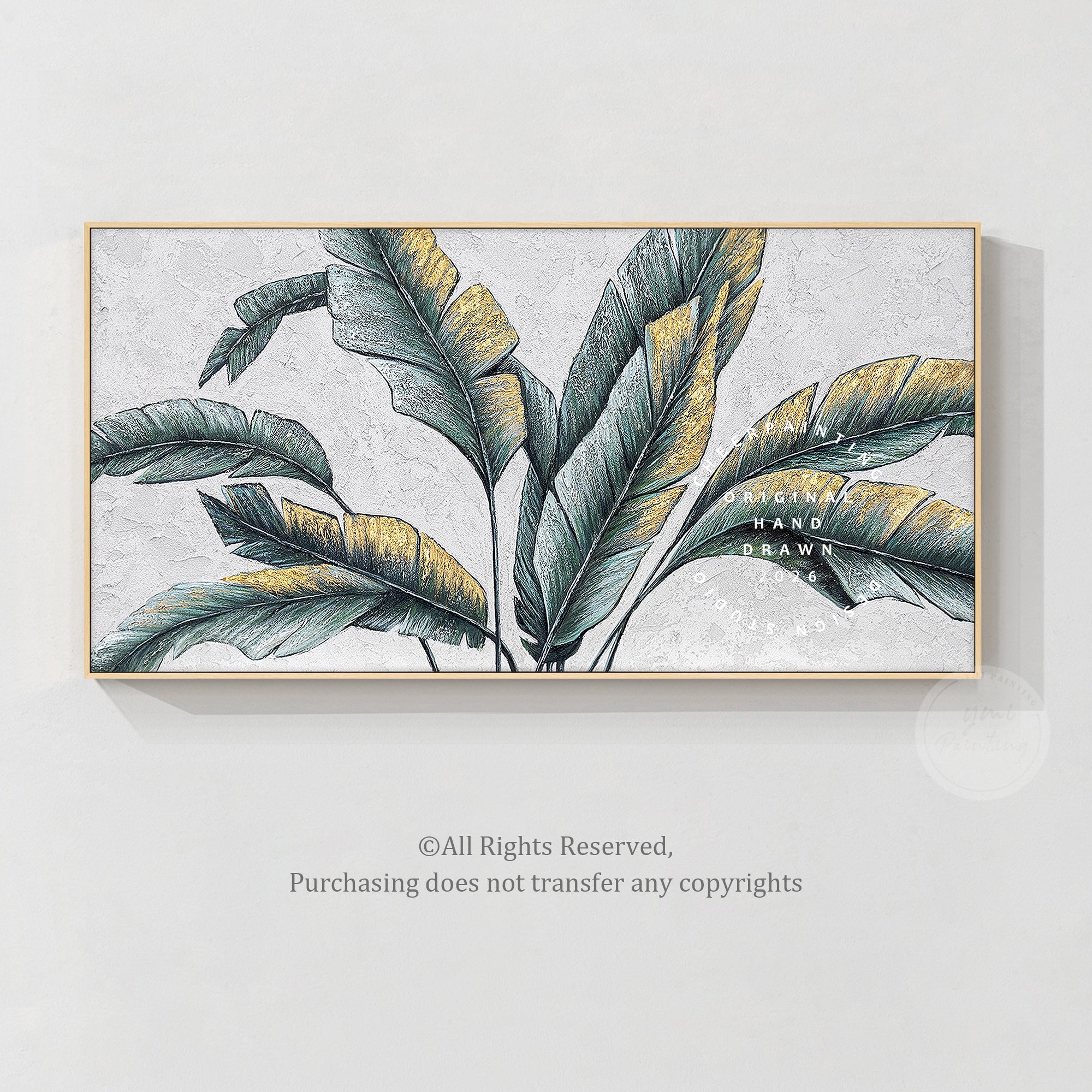 Original palm tree leaf painting with botanical textured art, featuring green banana leaves and gold leaf accents for a luxurious feel.