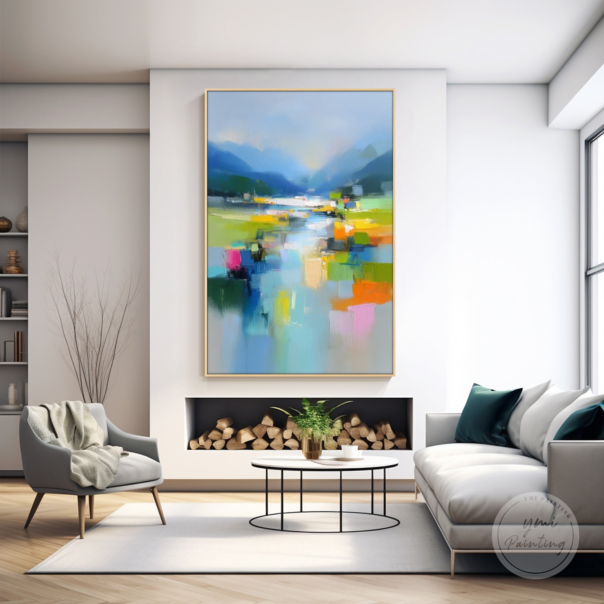 Green and blue abstract mountain painting with vibrant texture