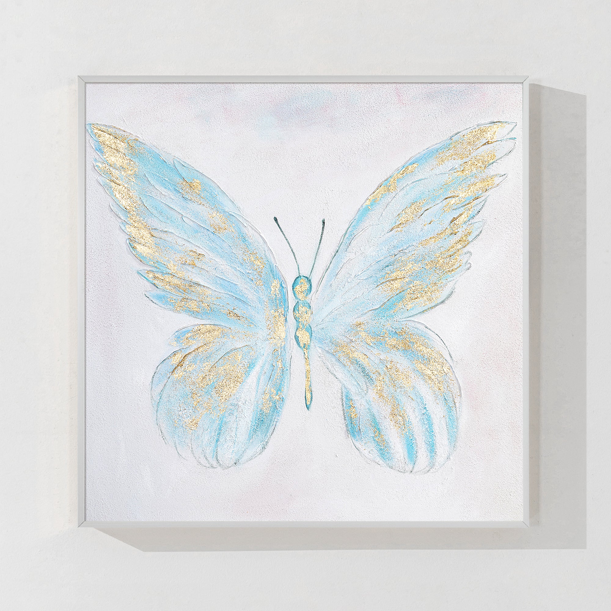 Abstract Light Blue Butterfly Painting on a neutral canvas, designed to bring harmony and sophistication to your home.