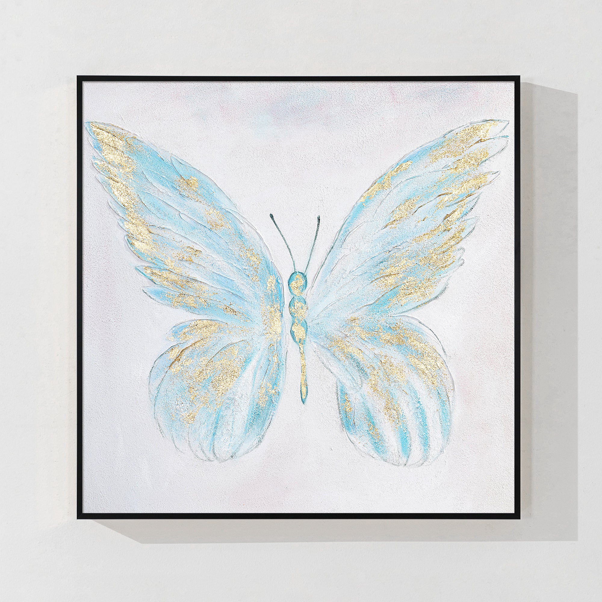 Abstract Light Blue Butterfly Painting on a neutral canvas, designed to bring harmony and sophistication to your home.