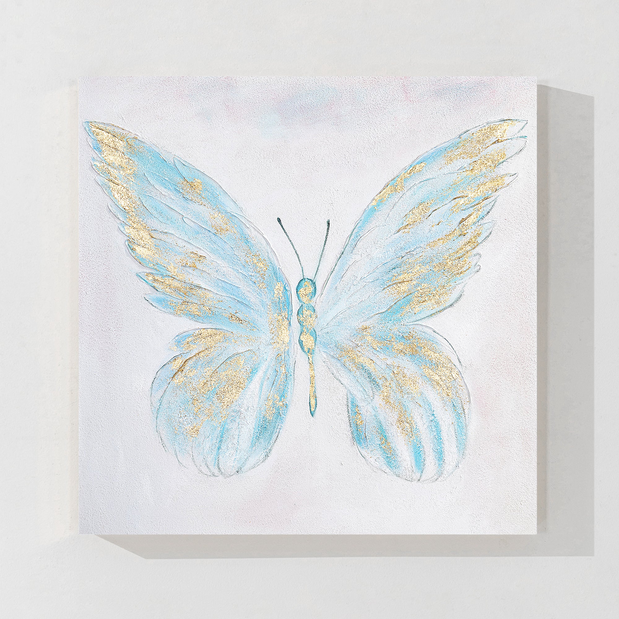 Abstract Light Blue Butterfly Painting on a neutral canvas, designed to bring harmony and sophistication to your home.