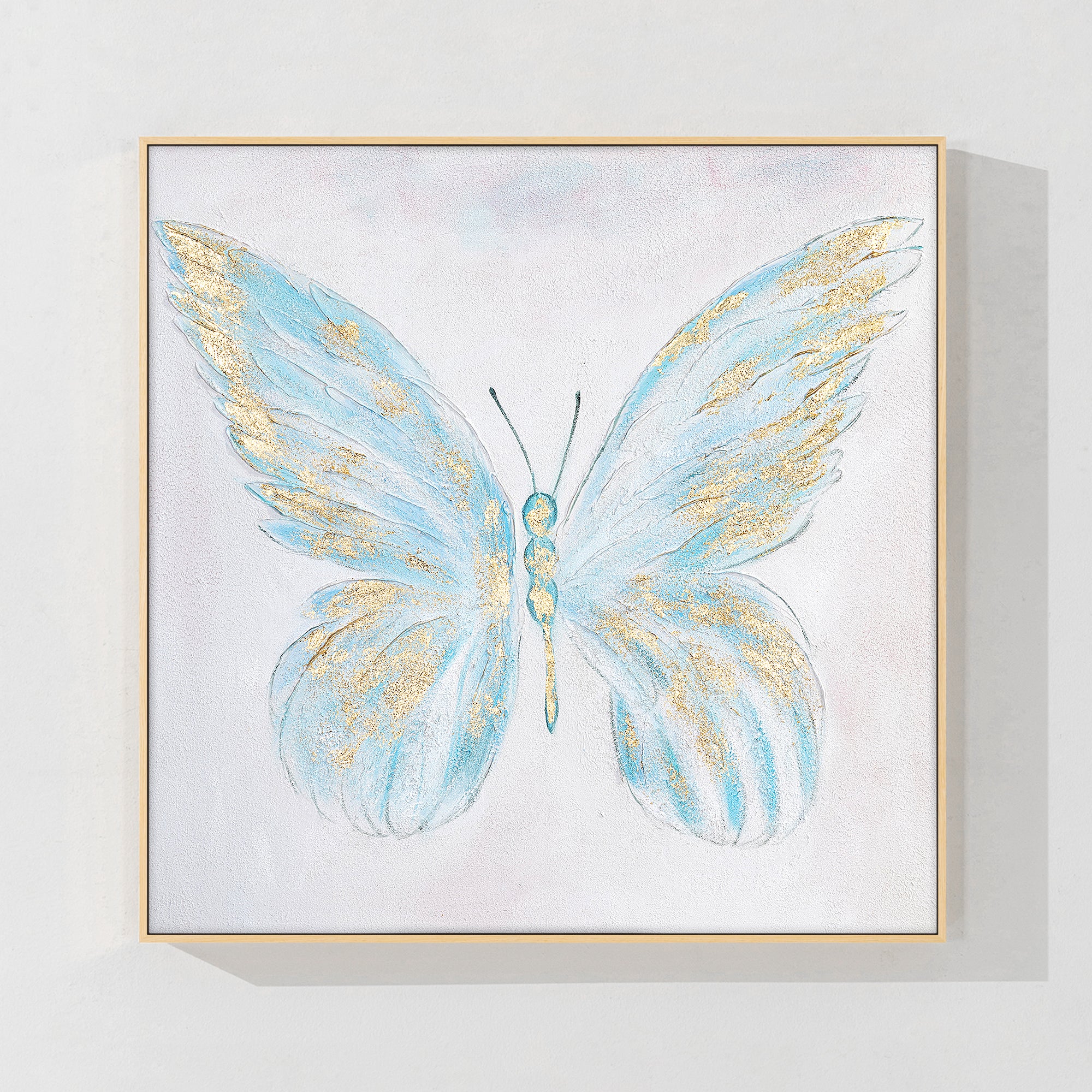 Abstract Light Blue Butterfly Painting on a neutral canvas, designed to bring harmony and sophistication to your home.