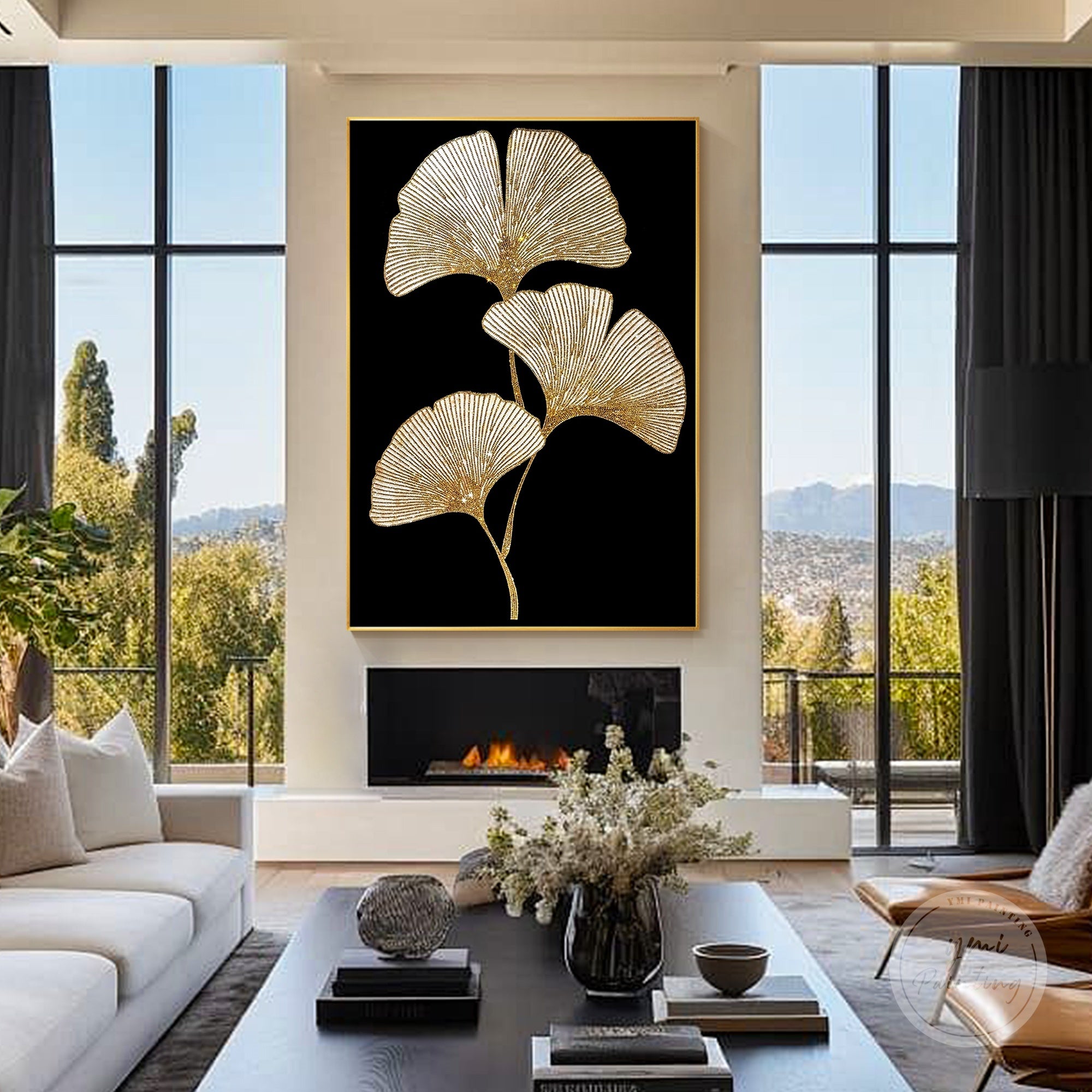 Unique crystal painting with golden rhinestones, ideal as a luxury home gift or lobby decoration.