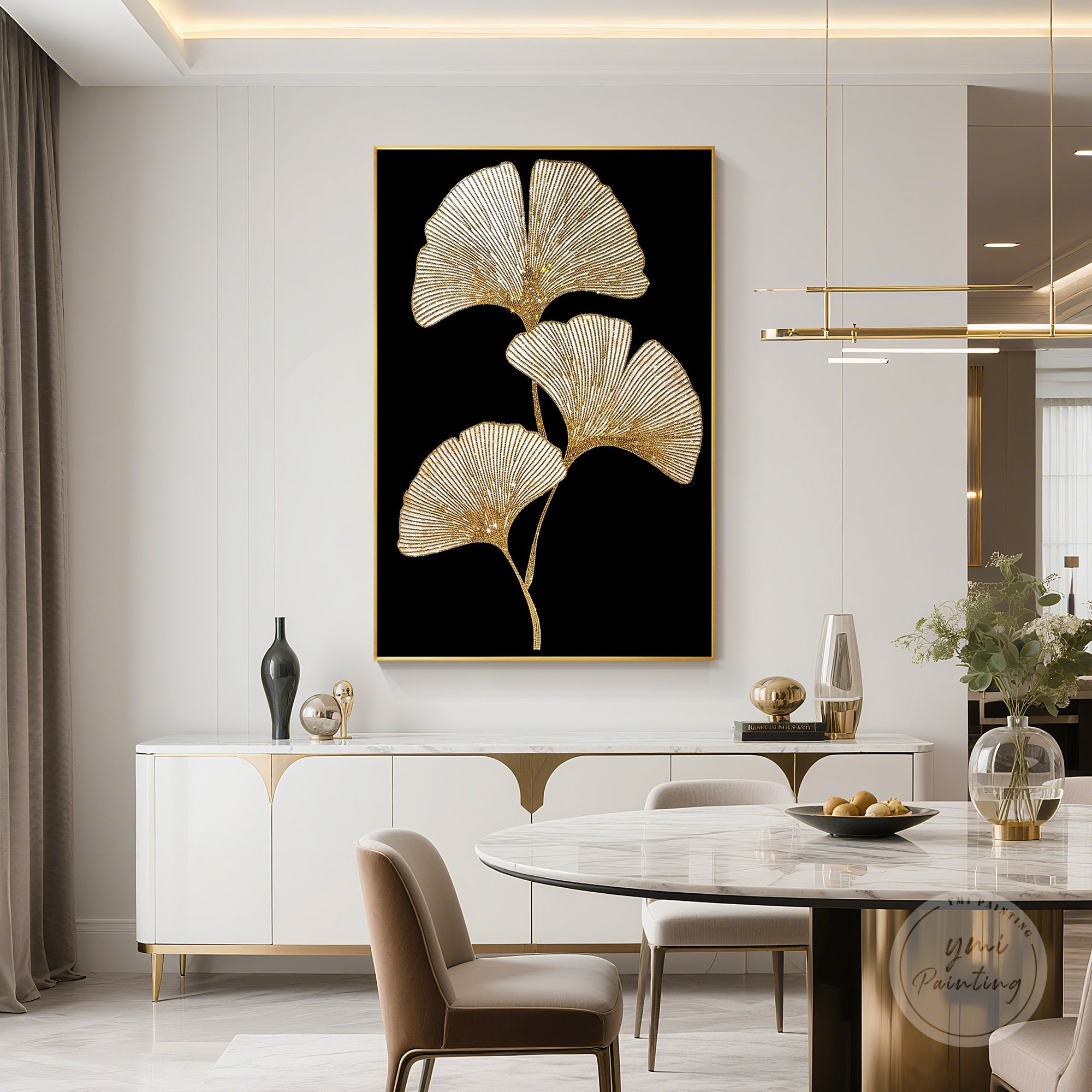 Hand-made rhinestone canvas with ginkgo design, bringing sophistication and brilliance to interiors.