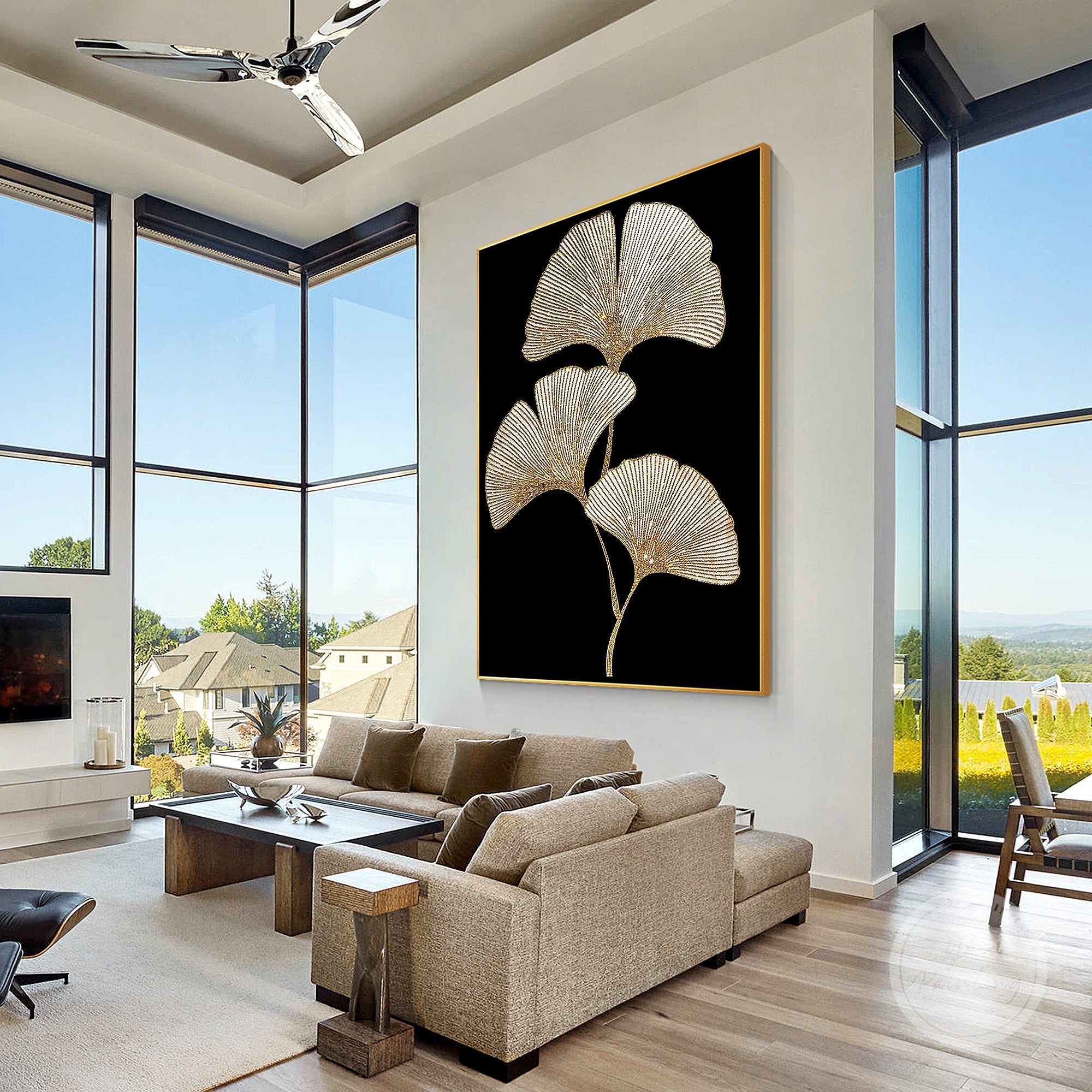 Luxury sparkling wall art, combining abstract elegance with the beauty of golden ginkgo leaves.
