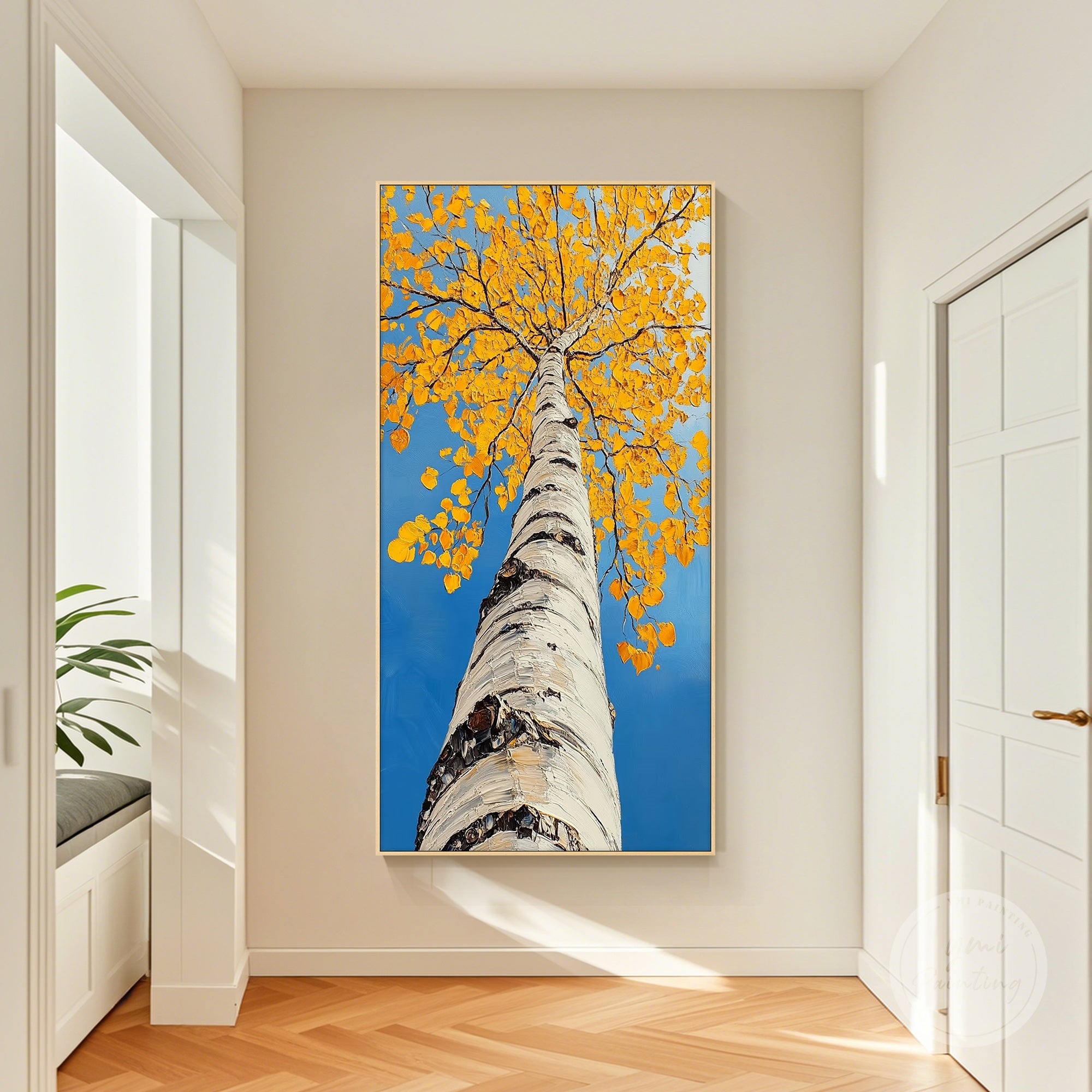 Hand-painted fall tree canvas with rich orange and golden leaves, ideal for cozy home décor.
