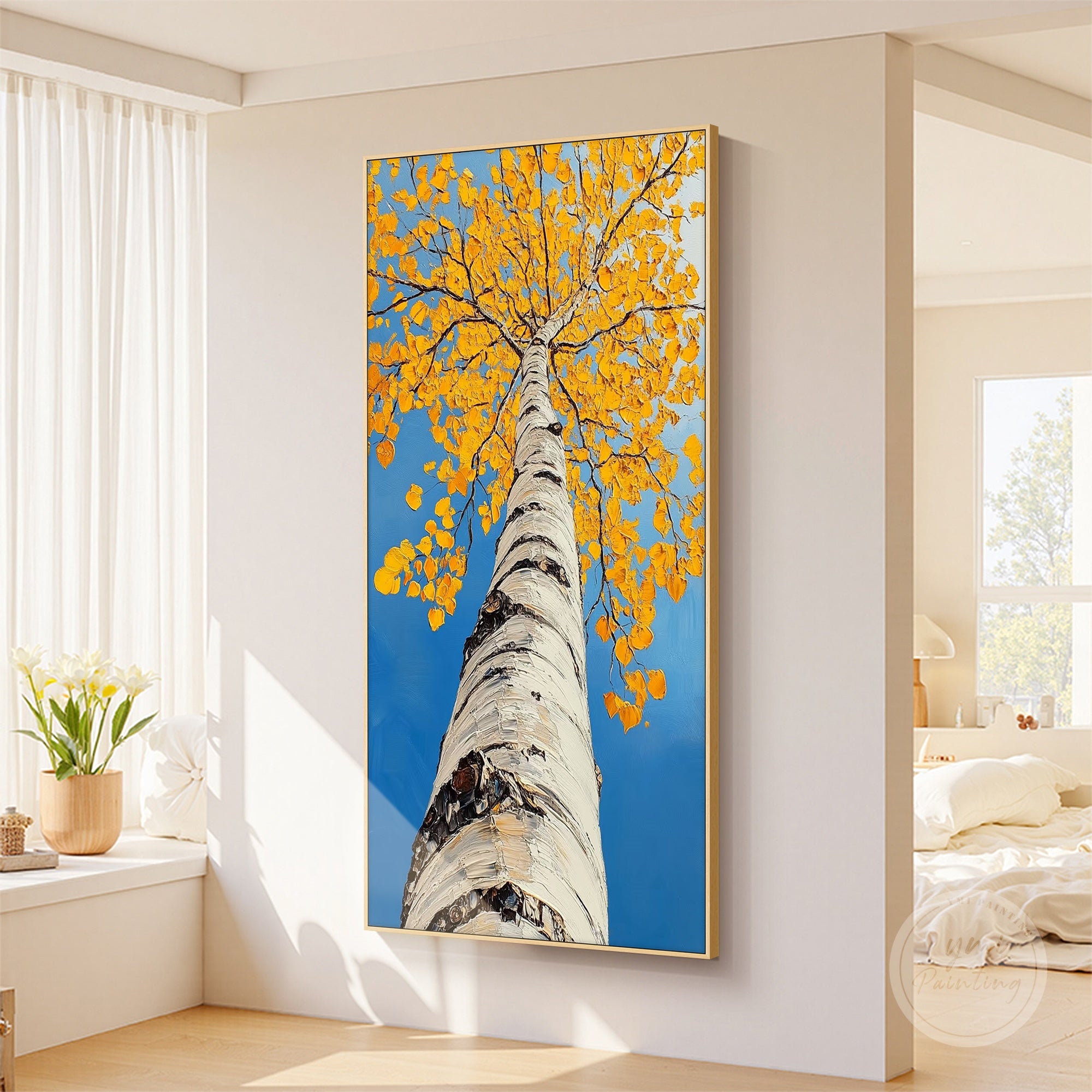 Large autumn landscape painting that brings warmth and seasonal charm to any room.