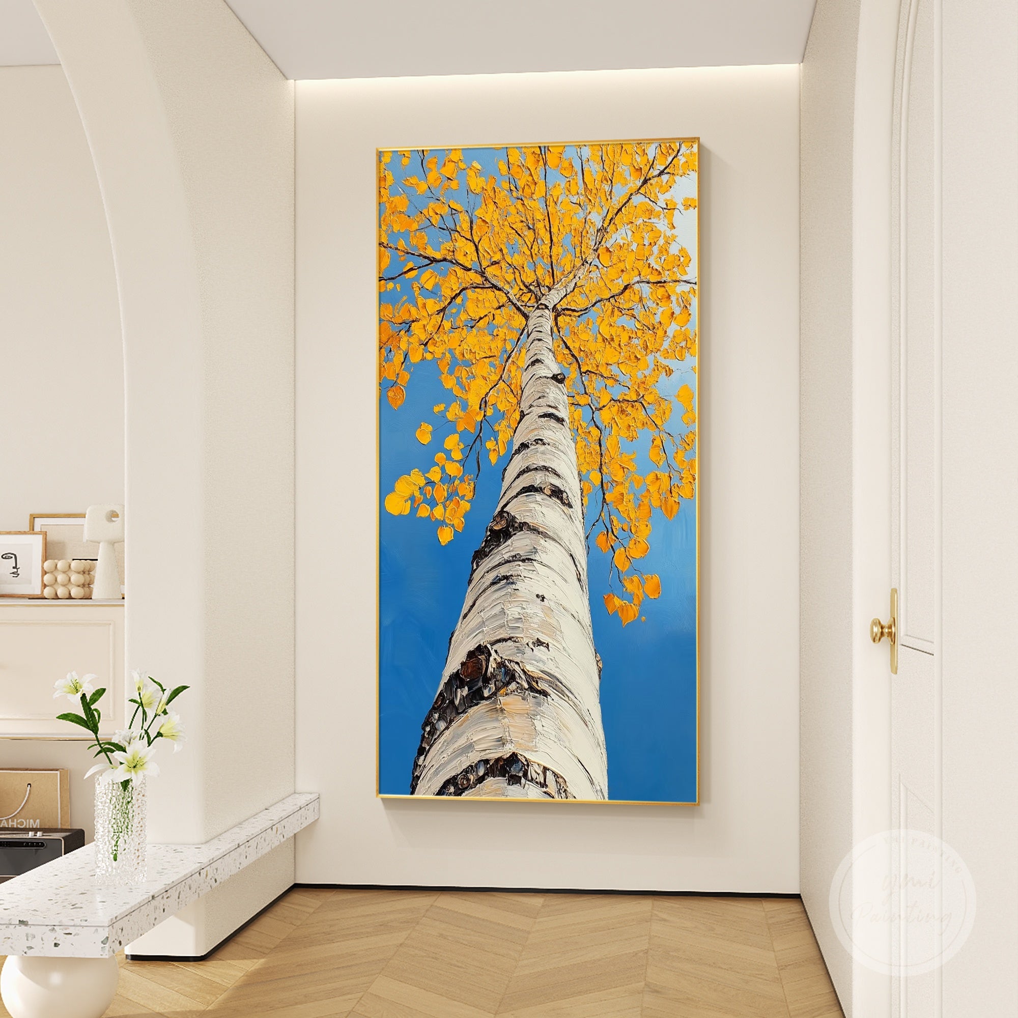 Original fall canvas art showcasing a vibrant tree with warm earth-toned foliage.