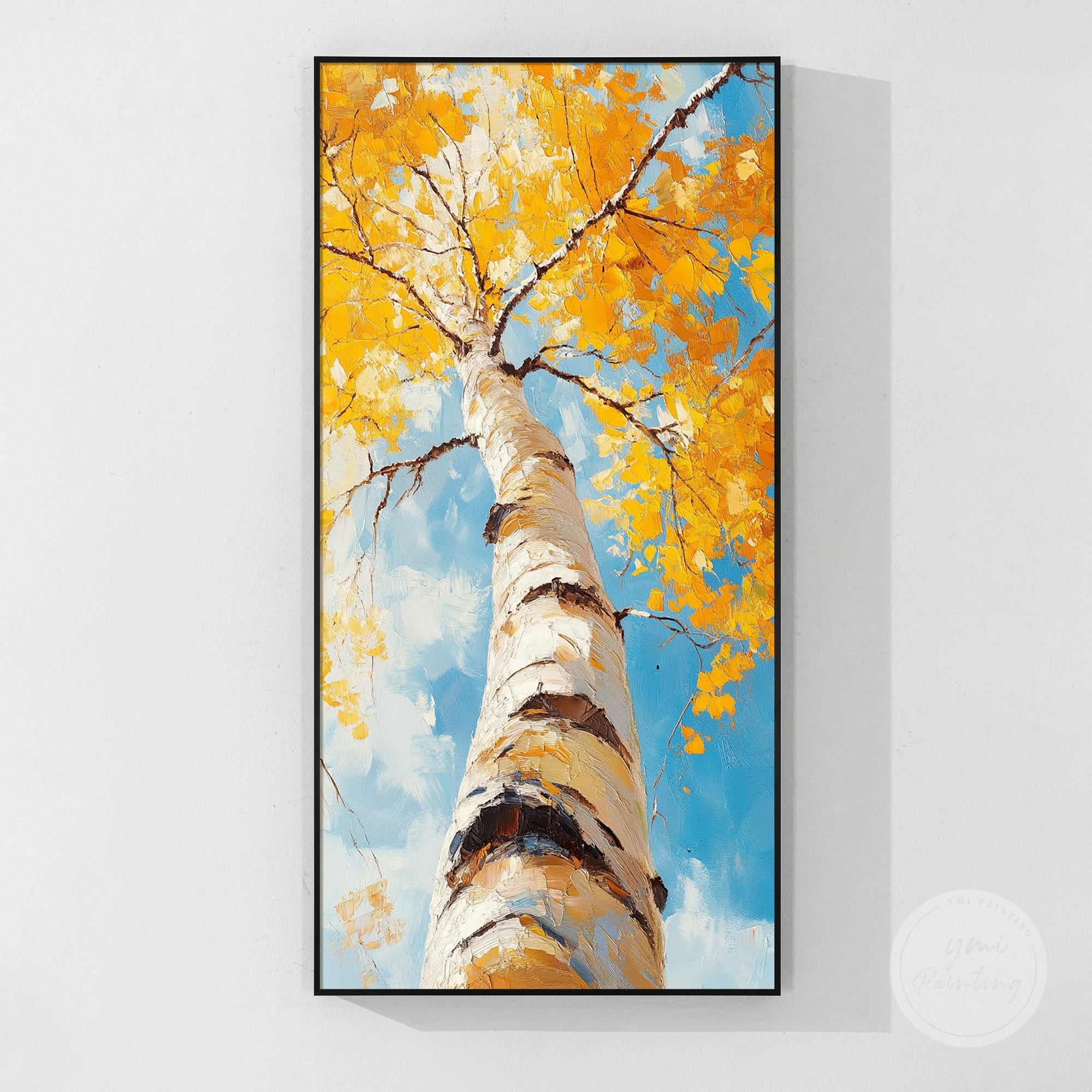 Autumn landscape painting with bold colors and textured brush strokes.