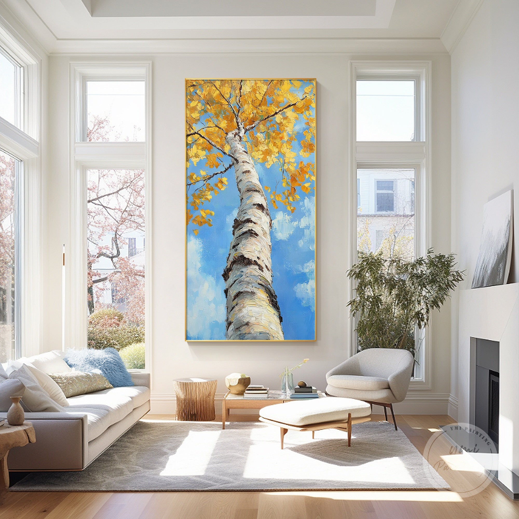 Fall decor canvas featuring large trees in autumn foliage, bringing warmth and charm.