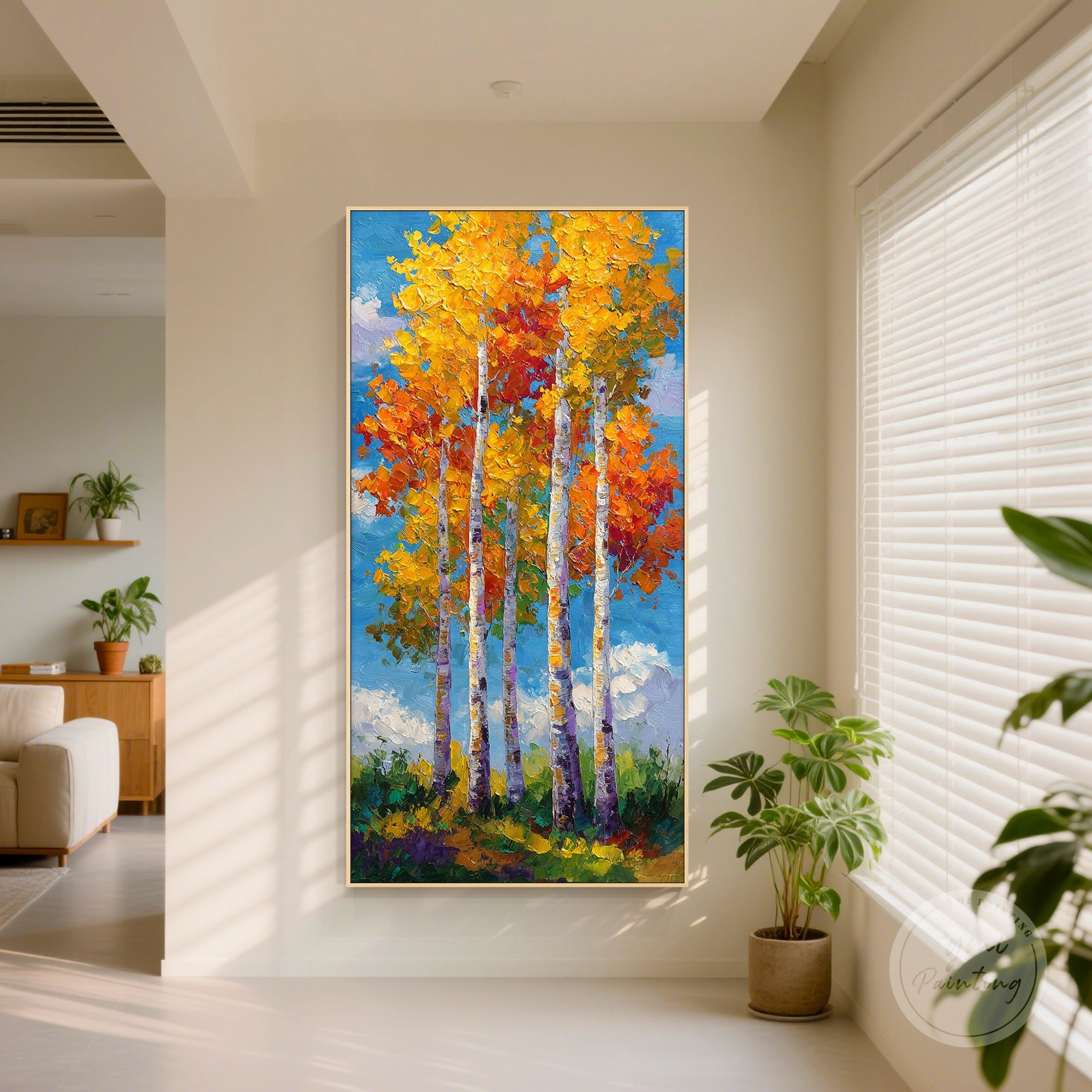 Forest painting with abstract tree forms, ideal for lobby wall art and spacious living rooms.