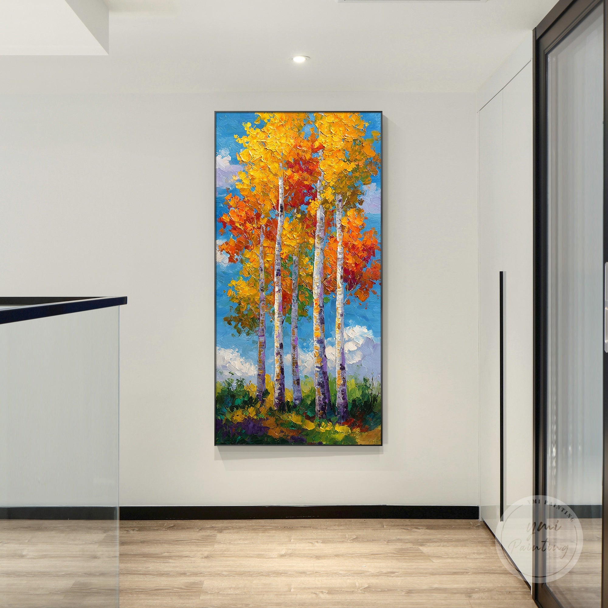 Large wall art of trees in soft, calming tones suitable for living room or hallway décor.