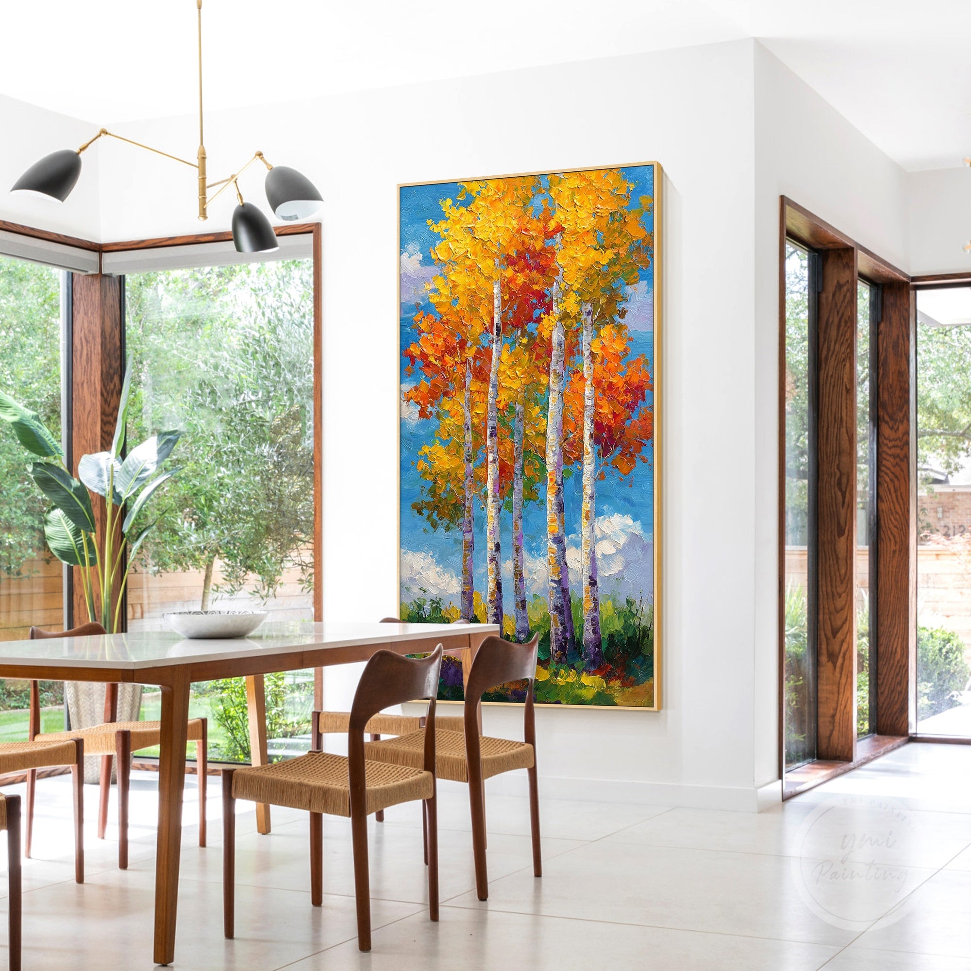 Abstract forest landscape painting featuring tall trees and a tranquil atmosphere.