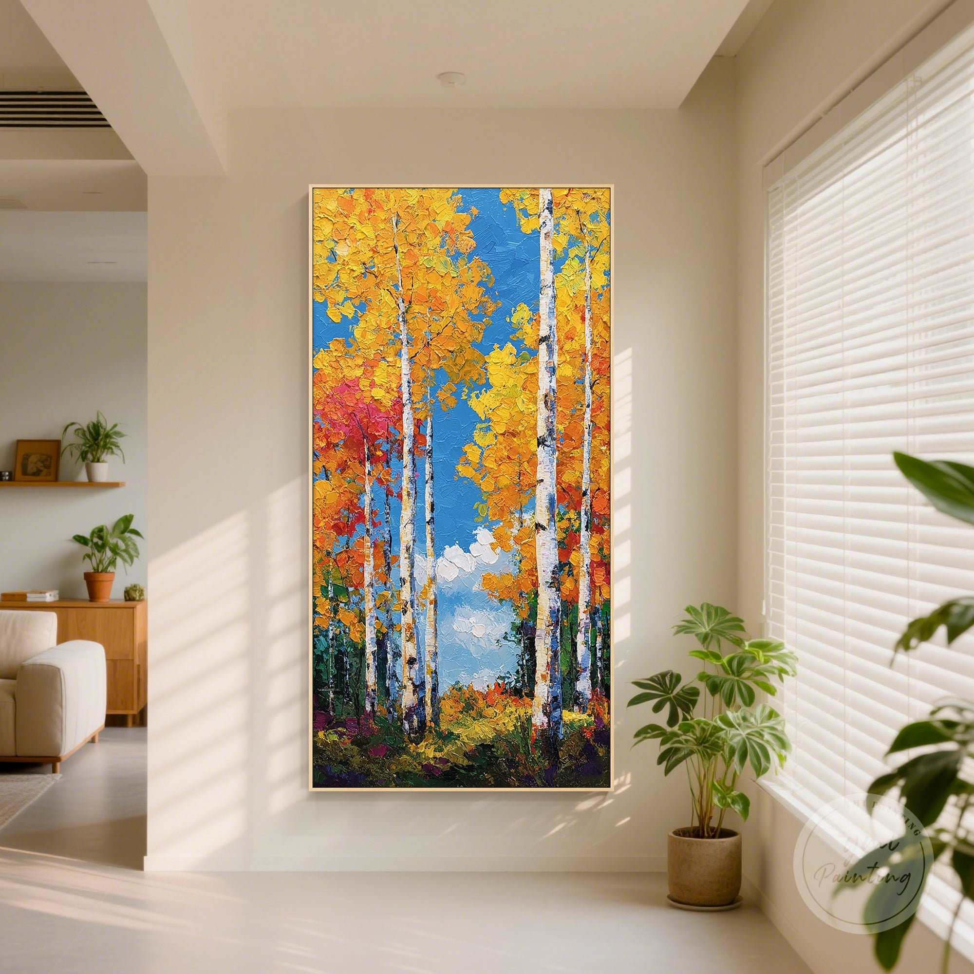 Forest painting with soft textured brushstrokes and tall abstract trees.