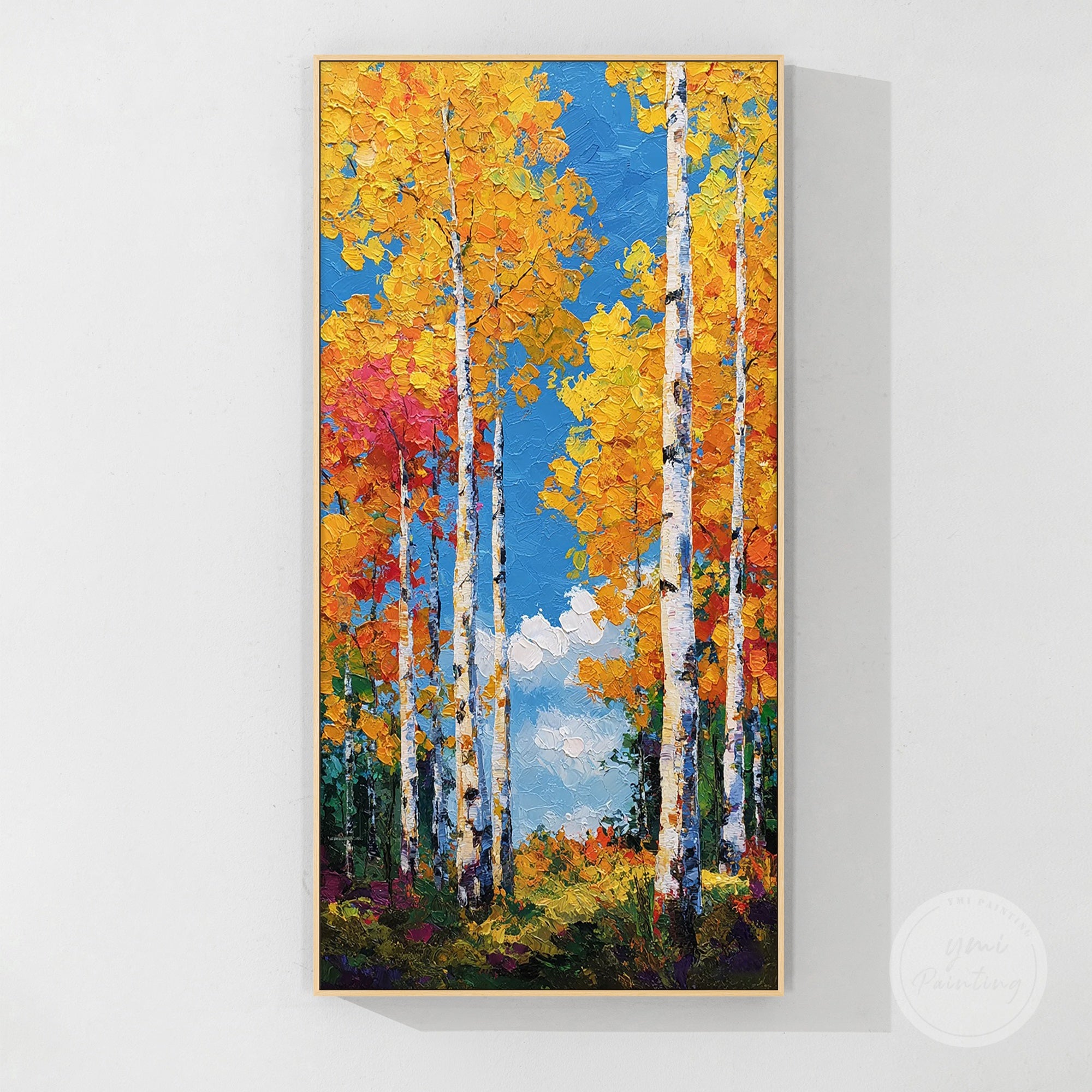 Lobby wall art featuring large abstract trees for a sophisticated natural aesthetic.