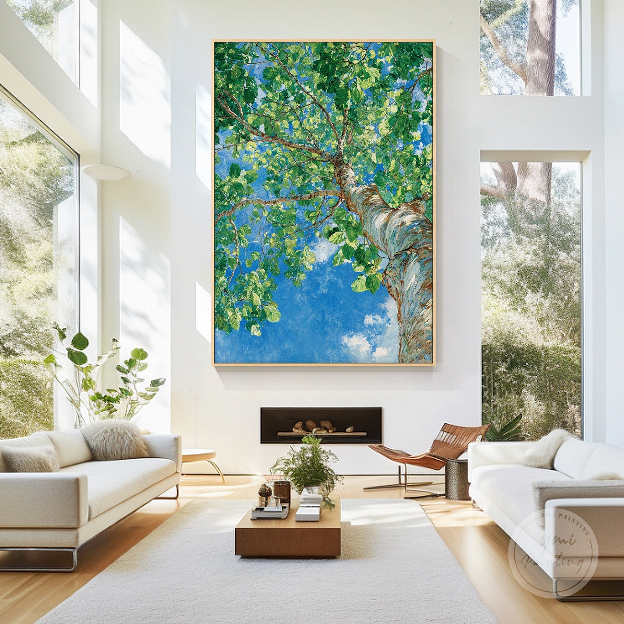 Vertical Tree Oil Painting, Sunlit Green Leaves Wall Art