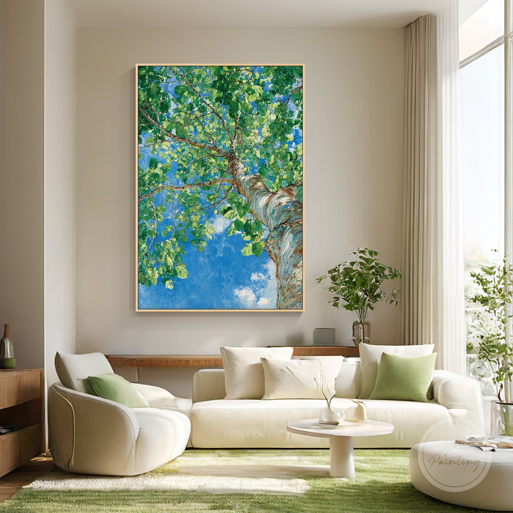 Original oil painting of tree with clear blue sky and white clouds