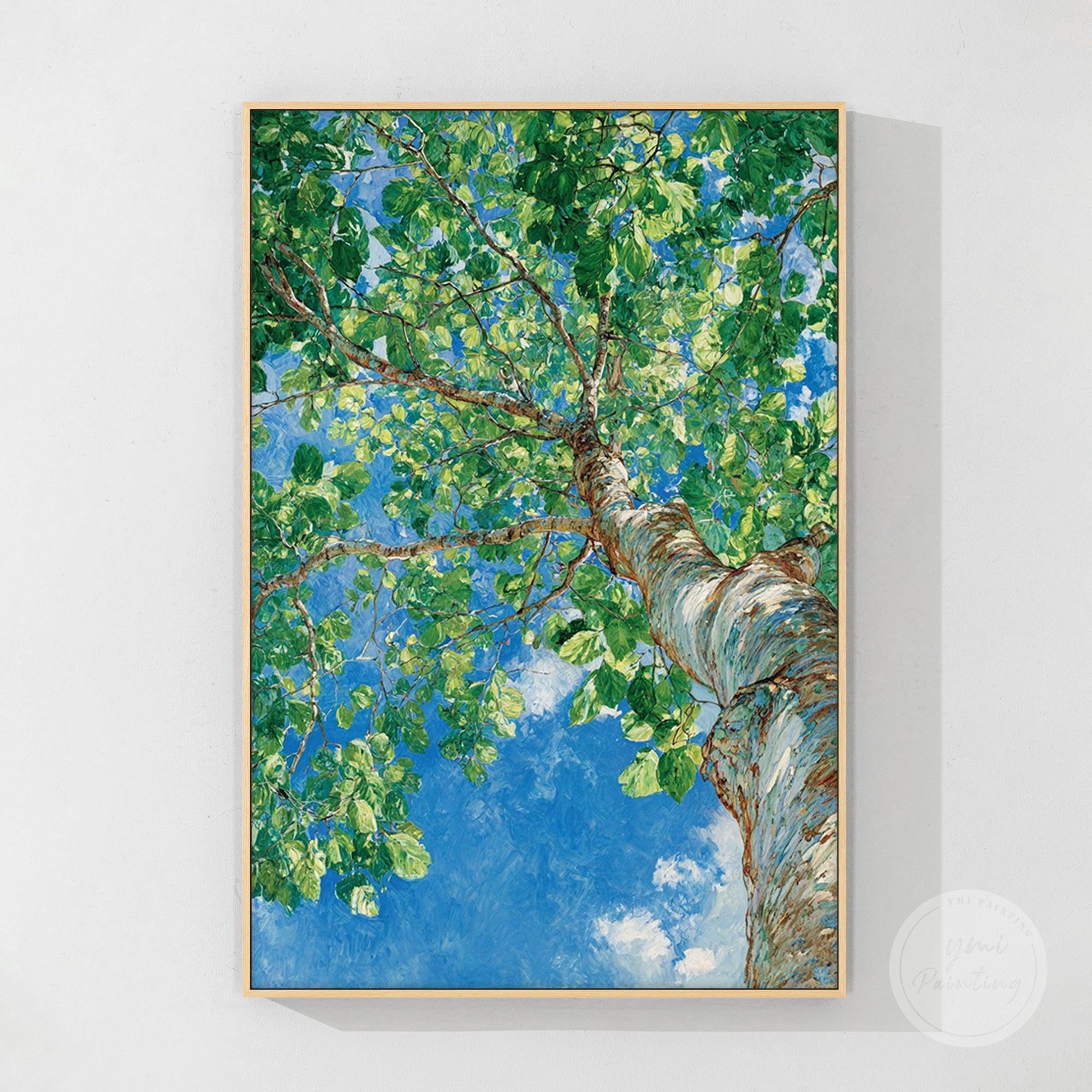 Handcrafted vertical wall art with vivid green foliage and blue sky