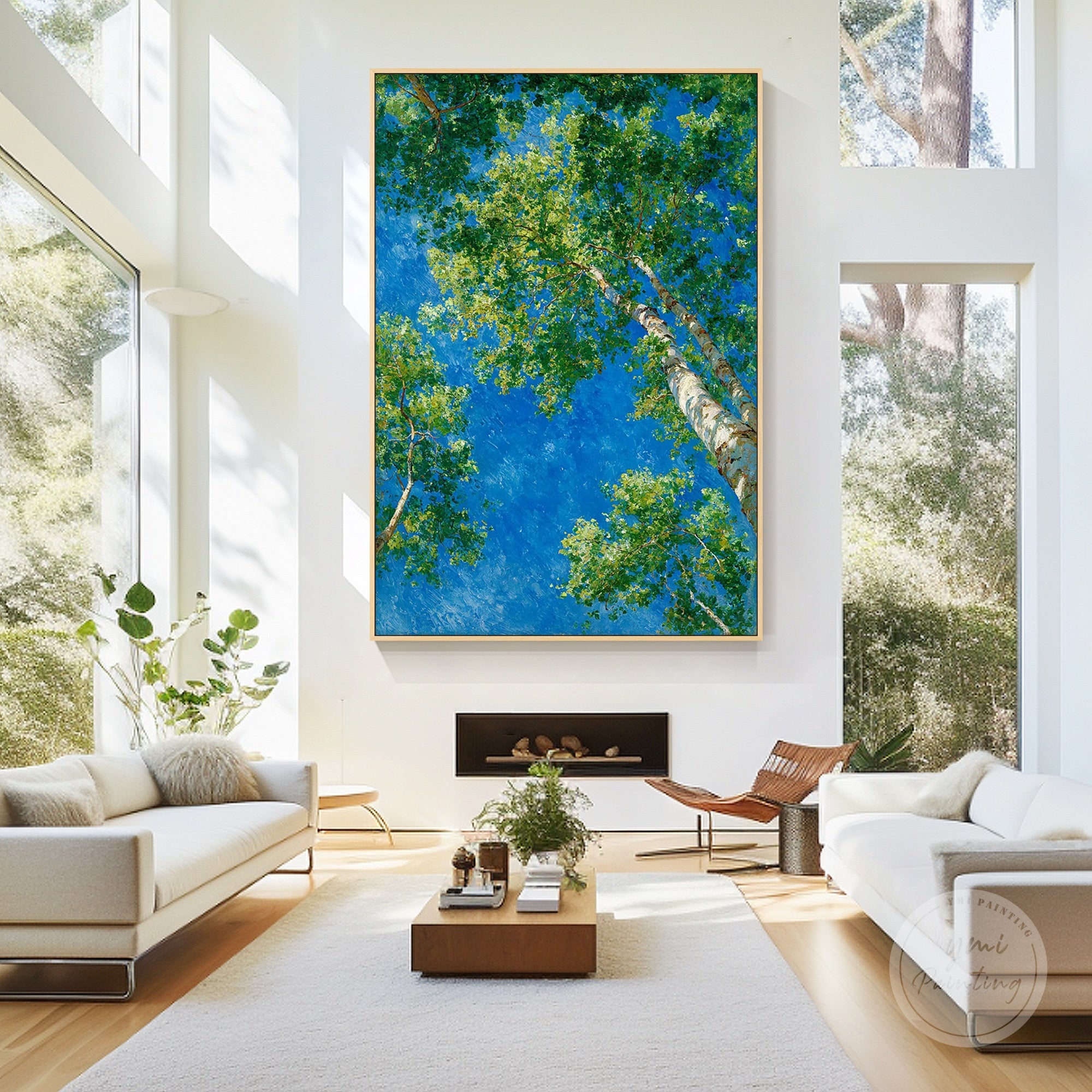 Impasto canvas wall art showing textured tree trunks and leafy canopy