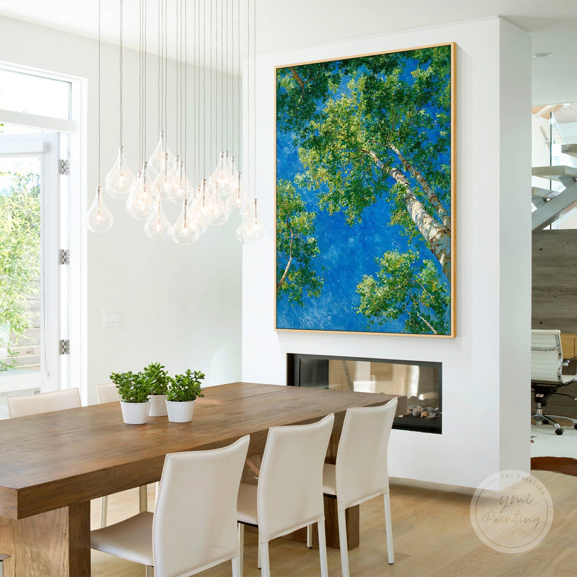 Thick impasto brushstrokes creating rich texture on trees and sky