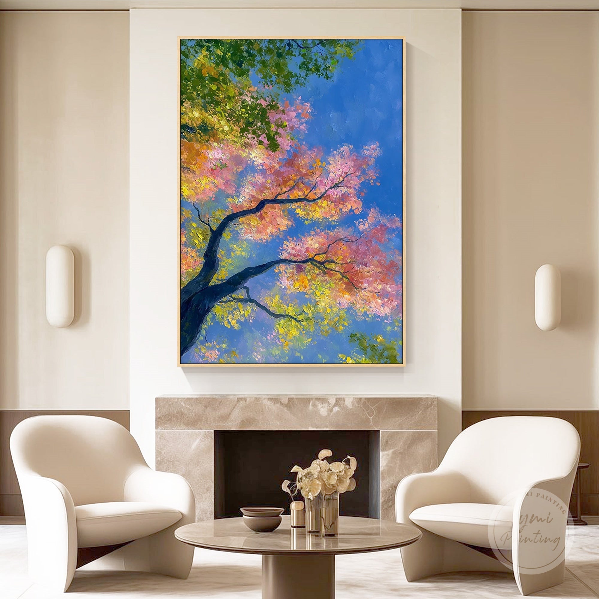 Impasto canvas wall art showing textured tree trunk and colorful foliage