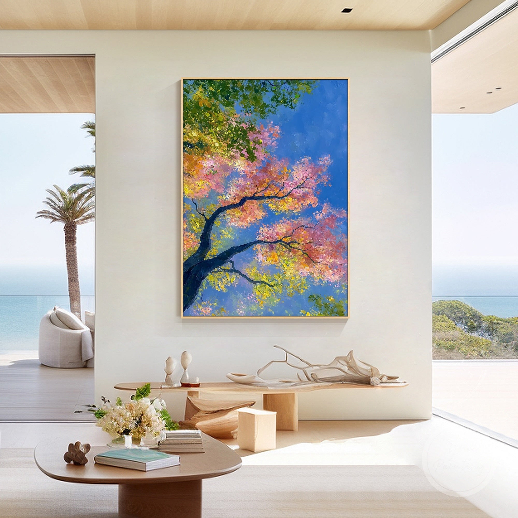 Vertical canvas art with tree trunk on left and branches extending right
