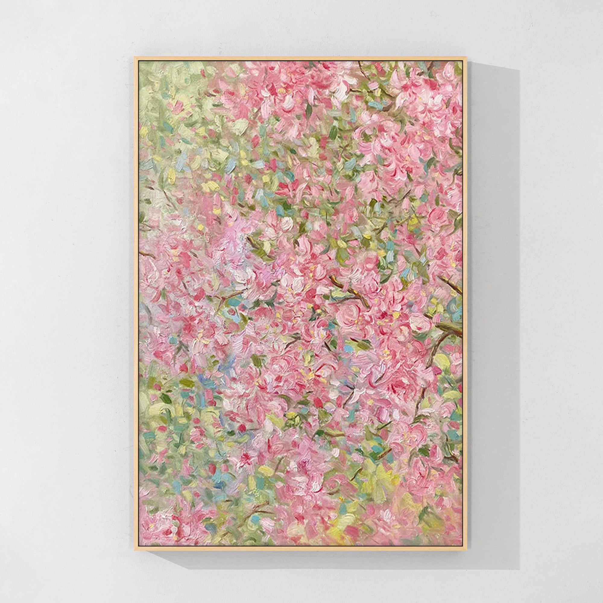 Romantic spring floral wall art with soft greens and pink blossoms, perfect for creating a serene atmosphere.