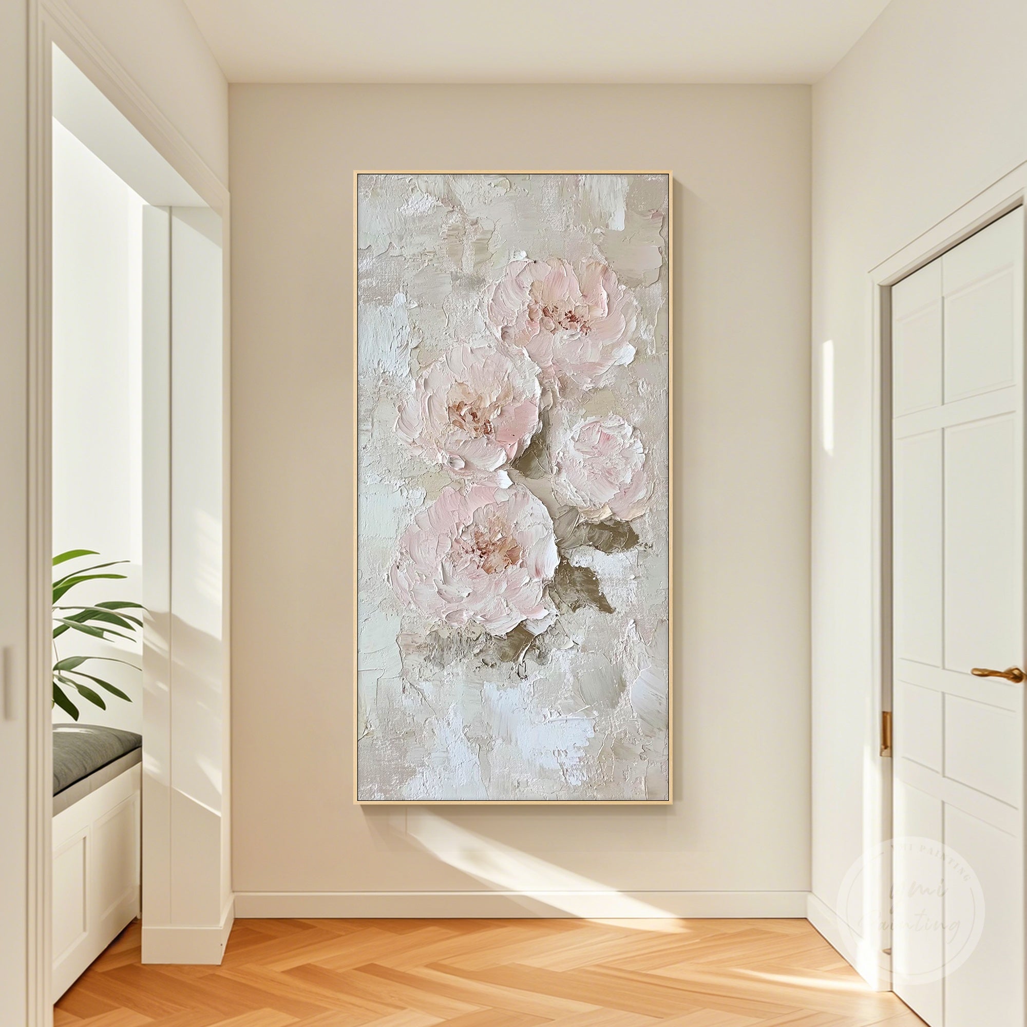 Textured abstract flower artwork in soft pastel hues for elegant home wall decoration.