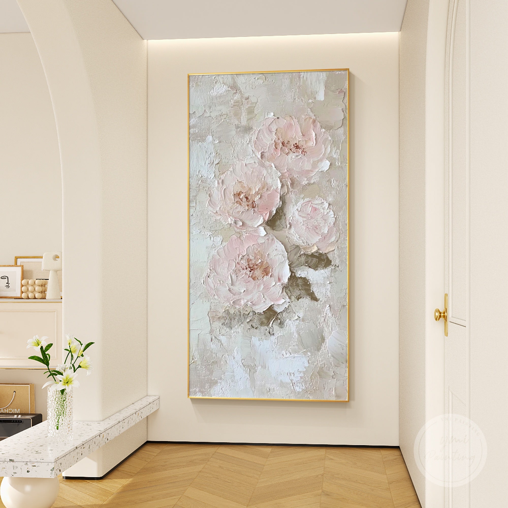 Hand-painted floral canvas art with beige and pink flowers, adding warmth and softness to interiors.