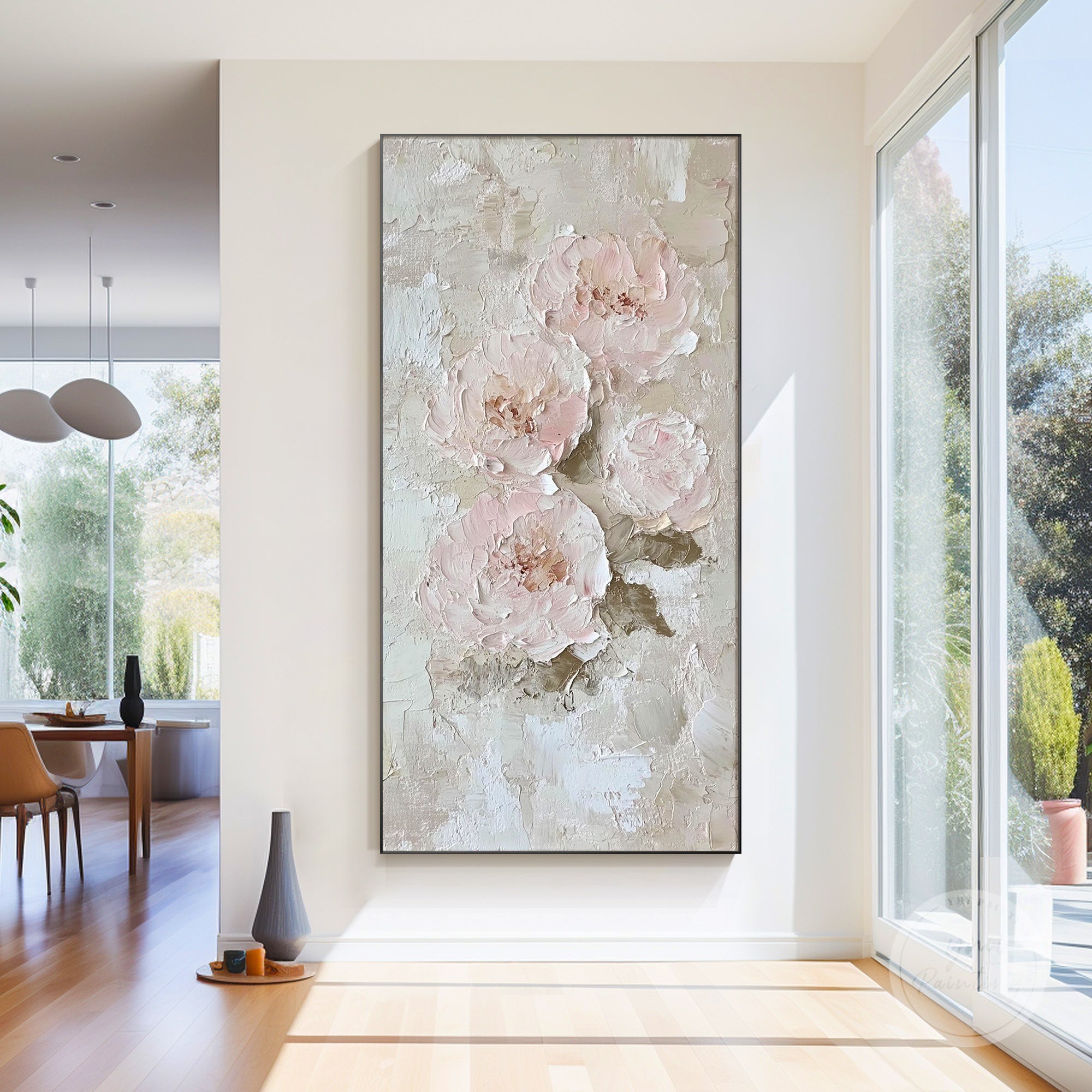 Floral canvas wall art featuring soft beige and pink abstract flowers with textured details.