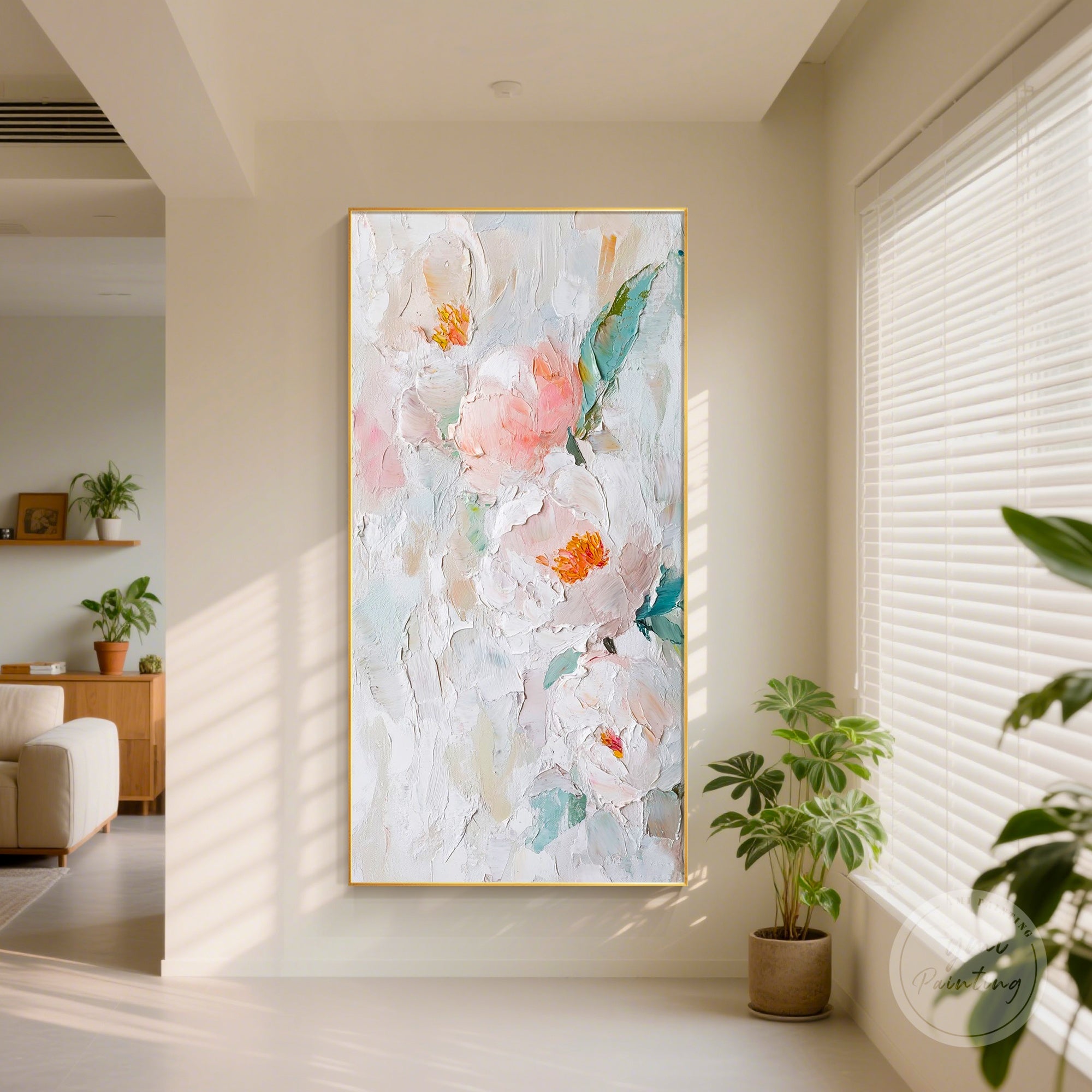 Large floral canvas artwork featuring raised brushstrokes and neutral pastel colors.