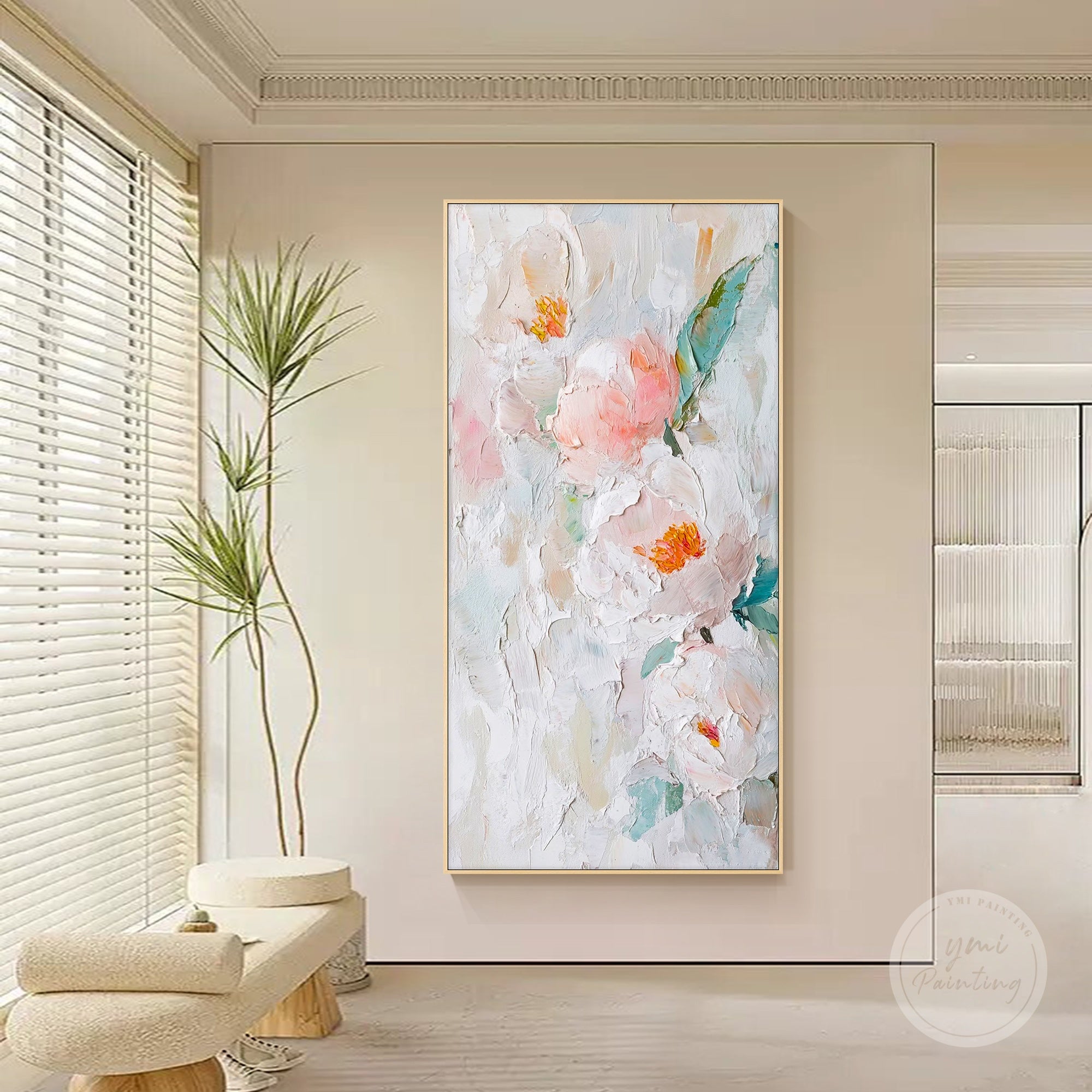 Abstract flower painting with textured layers, perfect for modern lobbies and spacious walls.