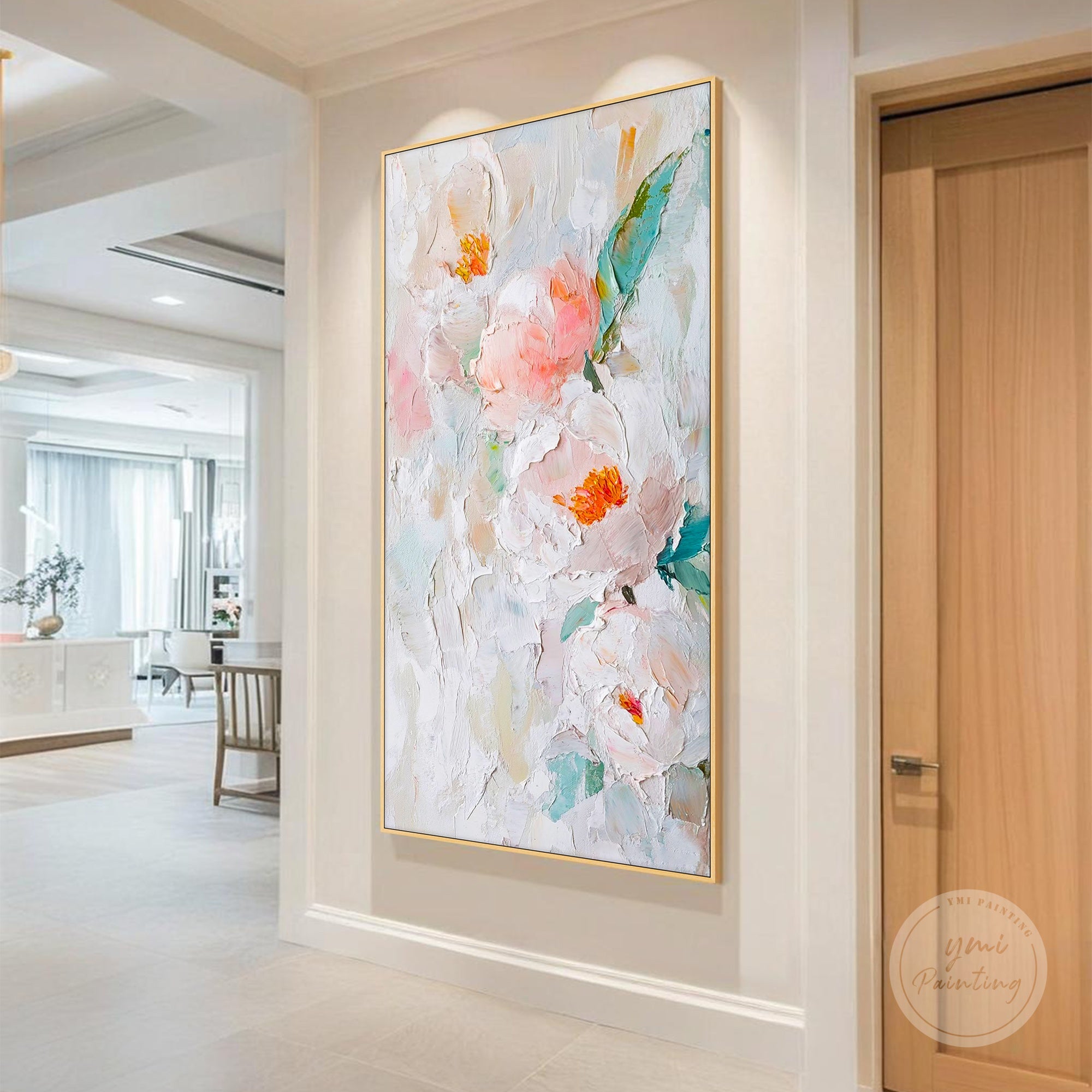 Soft beige and pink floral painting with dimensional texture for a refined interior look.