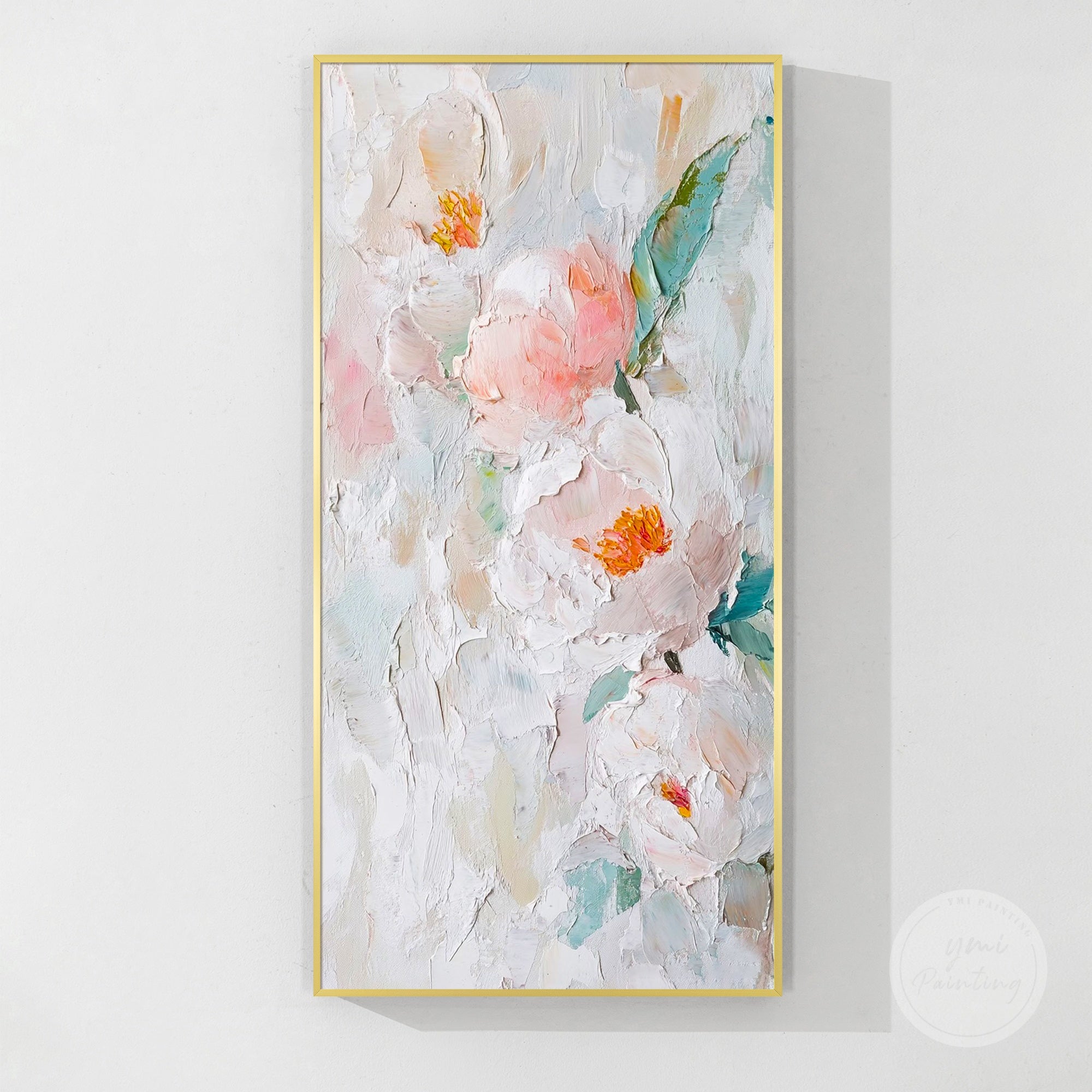 Lobby wall art featuring a large textured floral design in soothing beige and pink hues.
