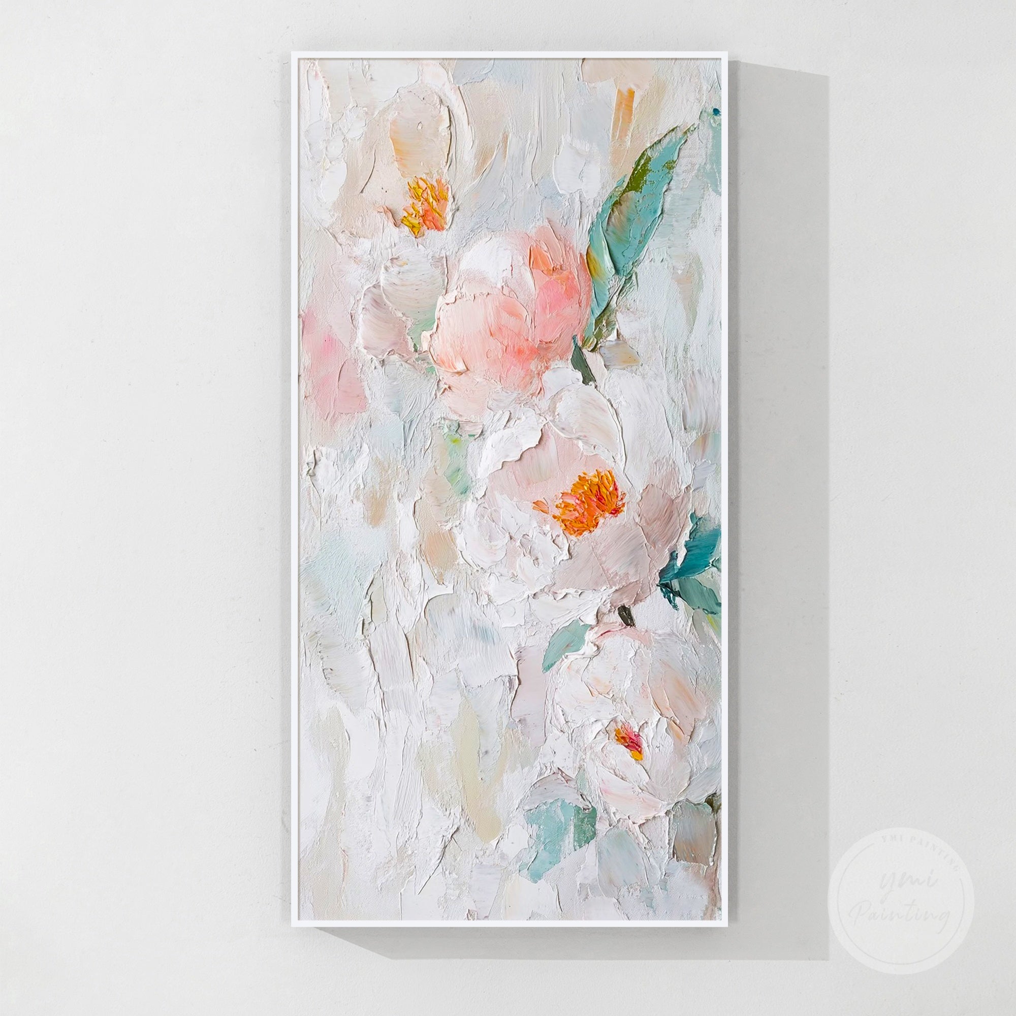 Bedroom wall art with soft pastel abstract flowers and beautiful texture details.
