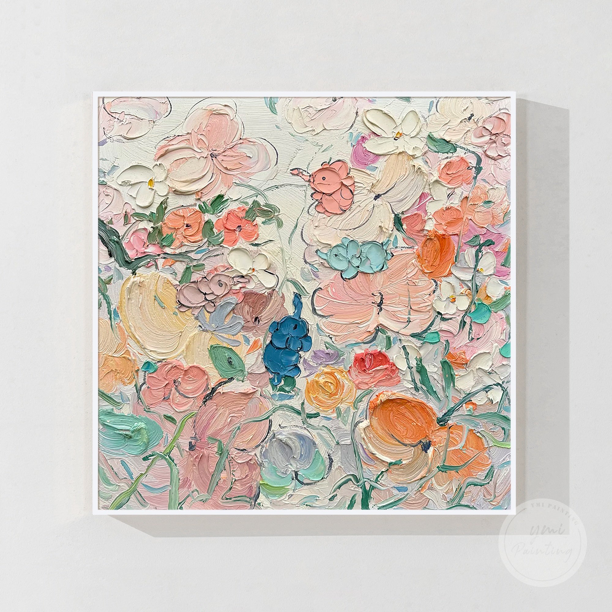 Textured abstract floral artwork in pastel colors, suitable for living rooms and offices.
