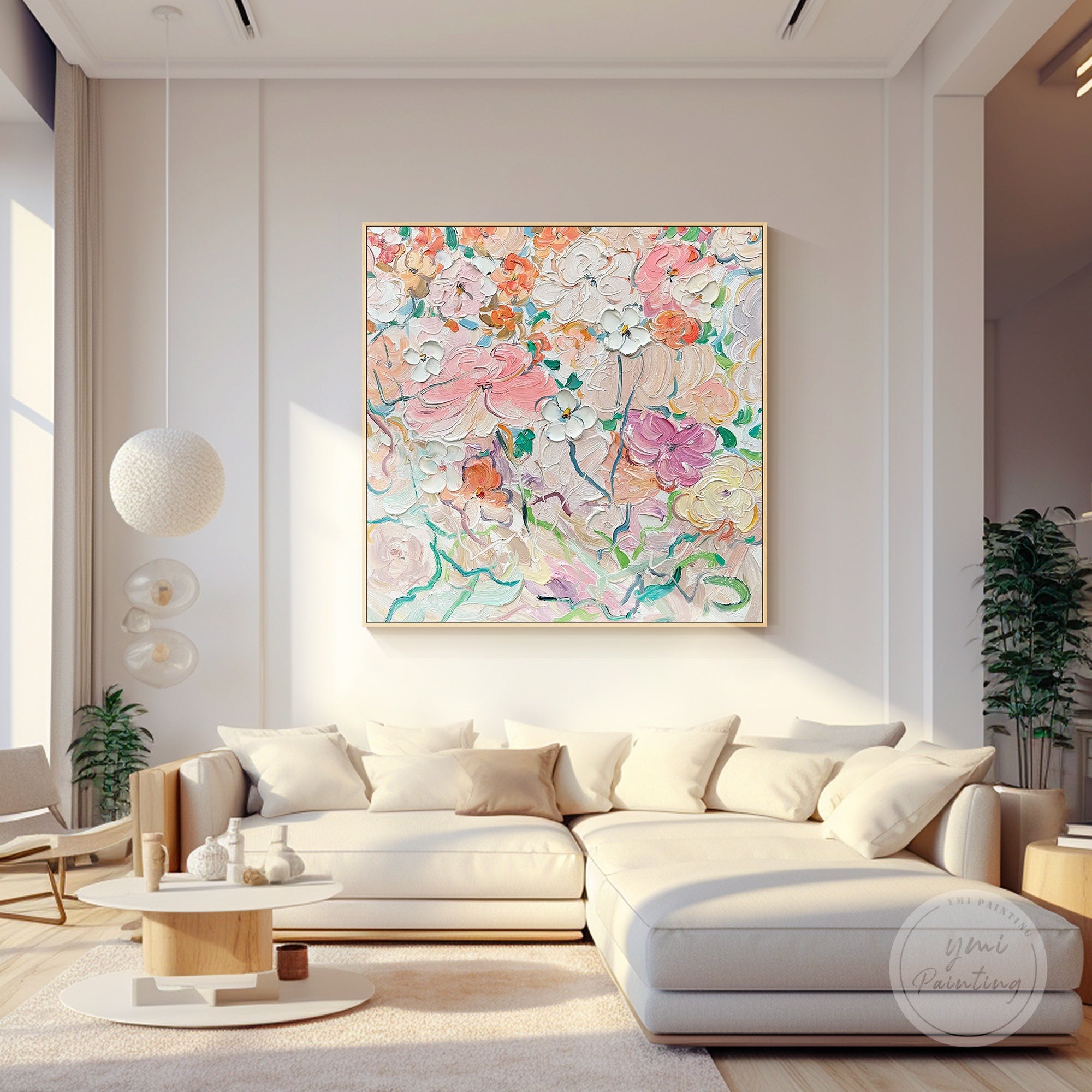 Pink and green floral oil painting with textured details, perfect for bedroom décor.