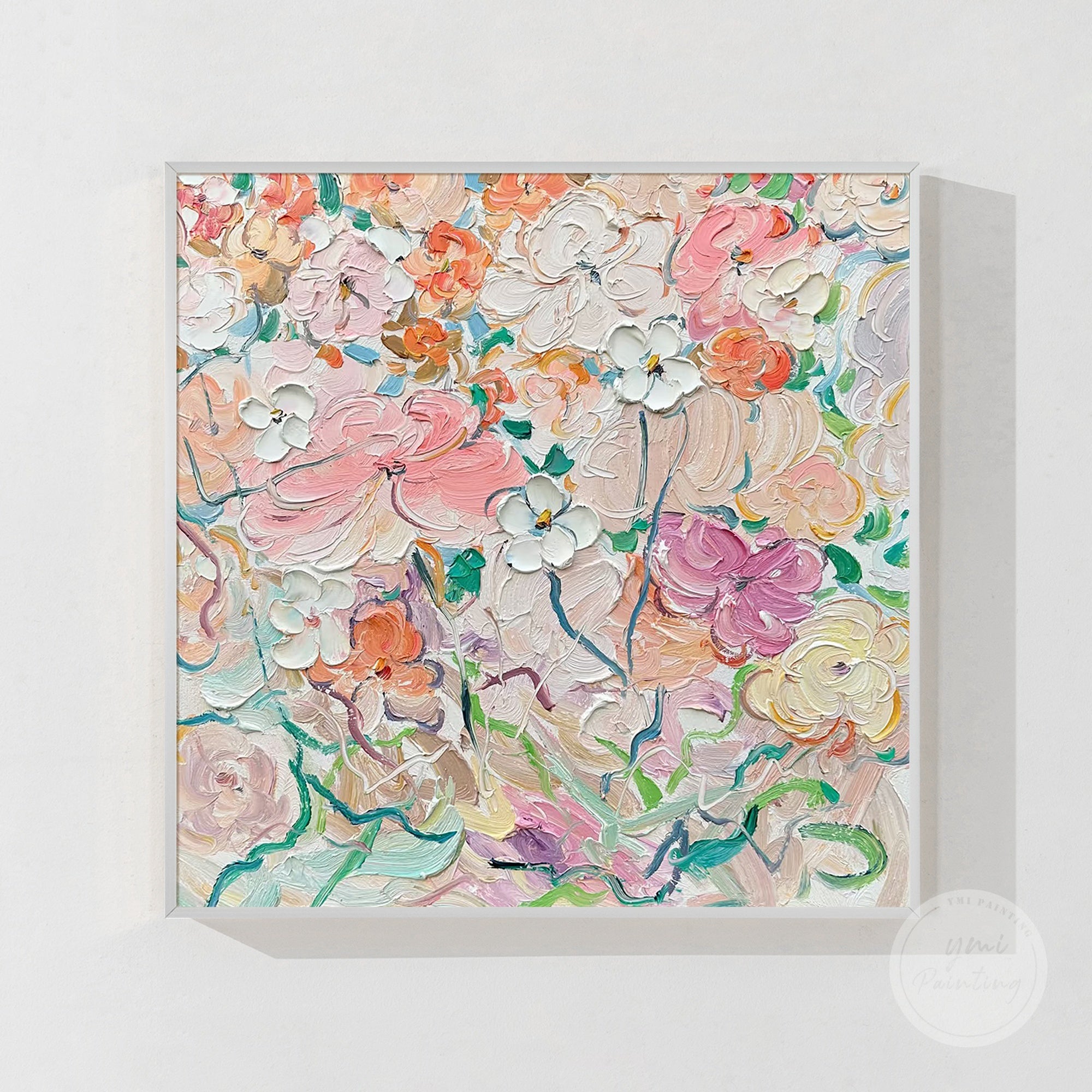 Contemporary abstract floral canvas with soothing pink and green colors.