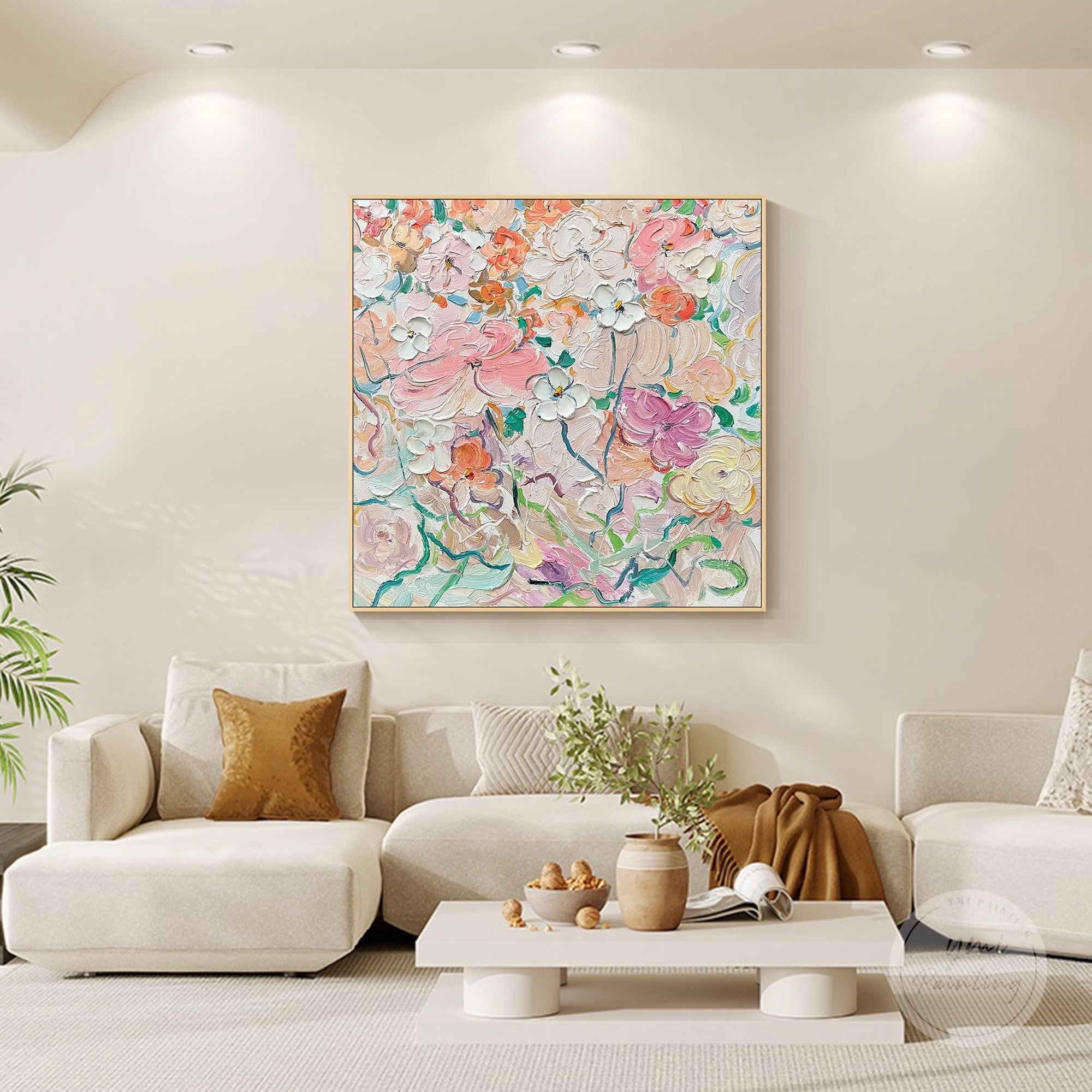 Modern abstract flower canvas art featuring soft pastel pink and green hues.