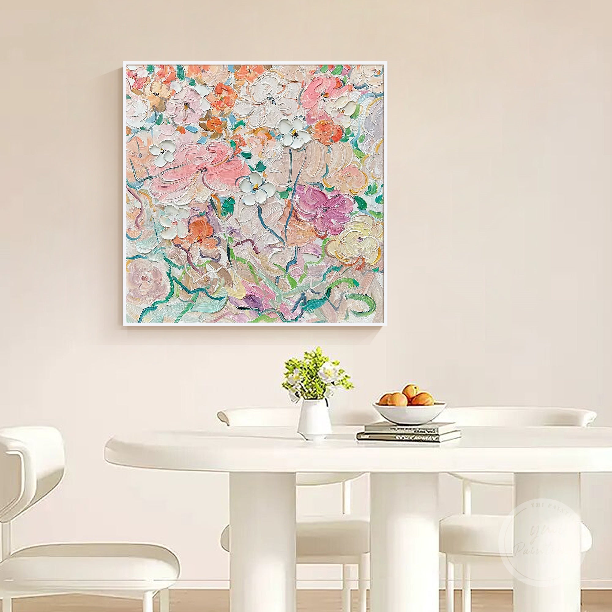 Large pink-green abstract floral painting bringing freshness and elegance to any room.