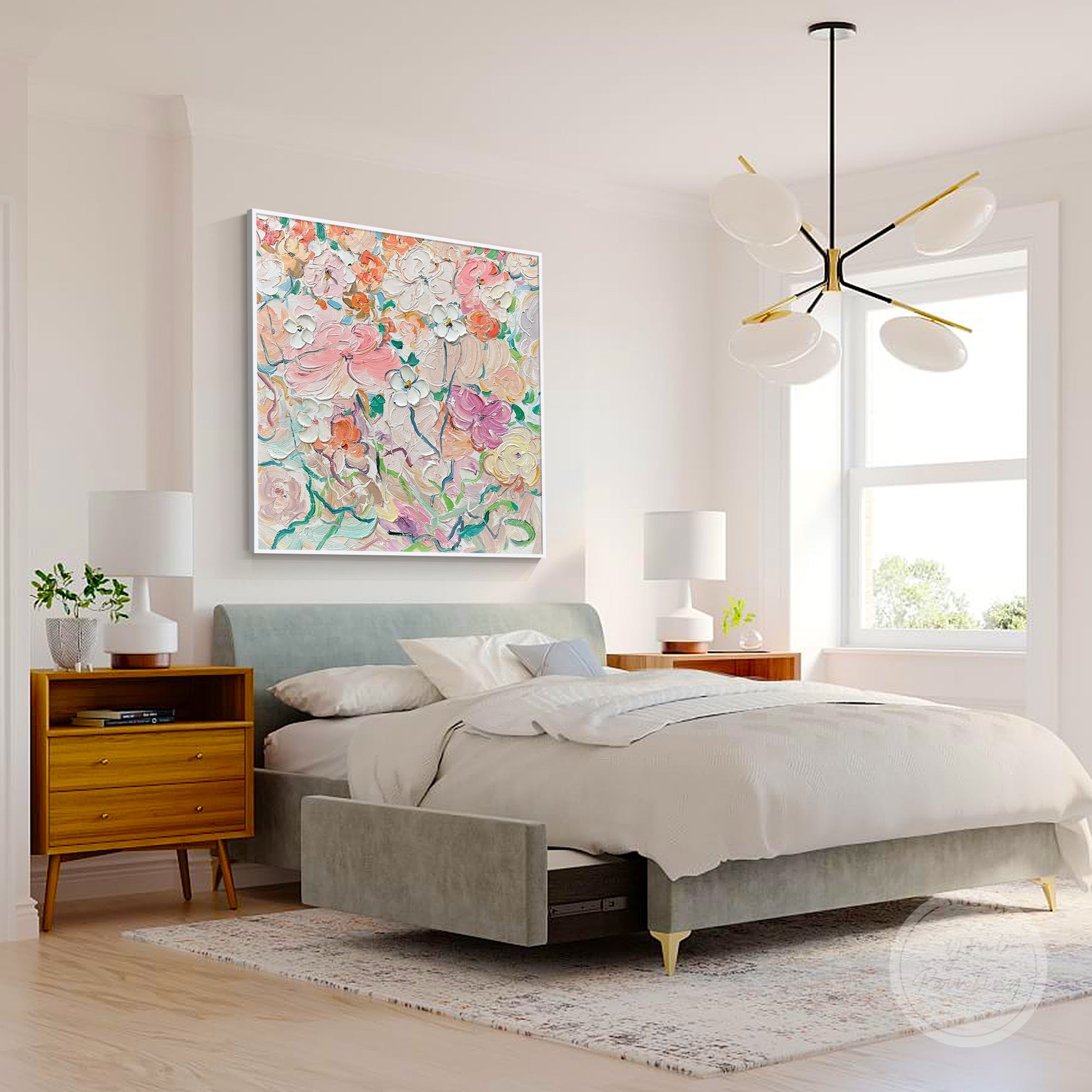 Hand-painted floral artwork with expressive brushstrokes in pink and green.